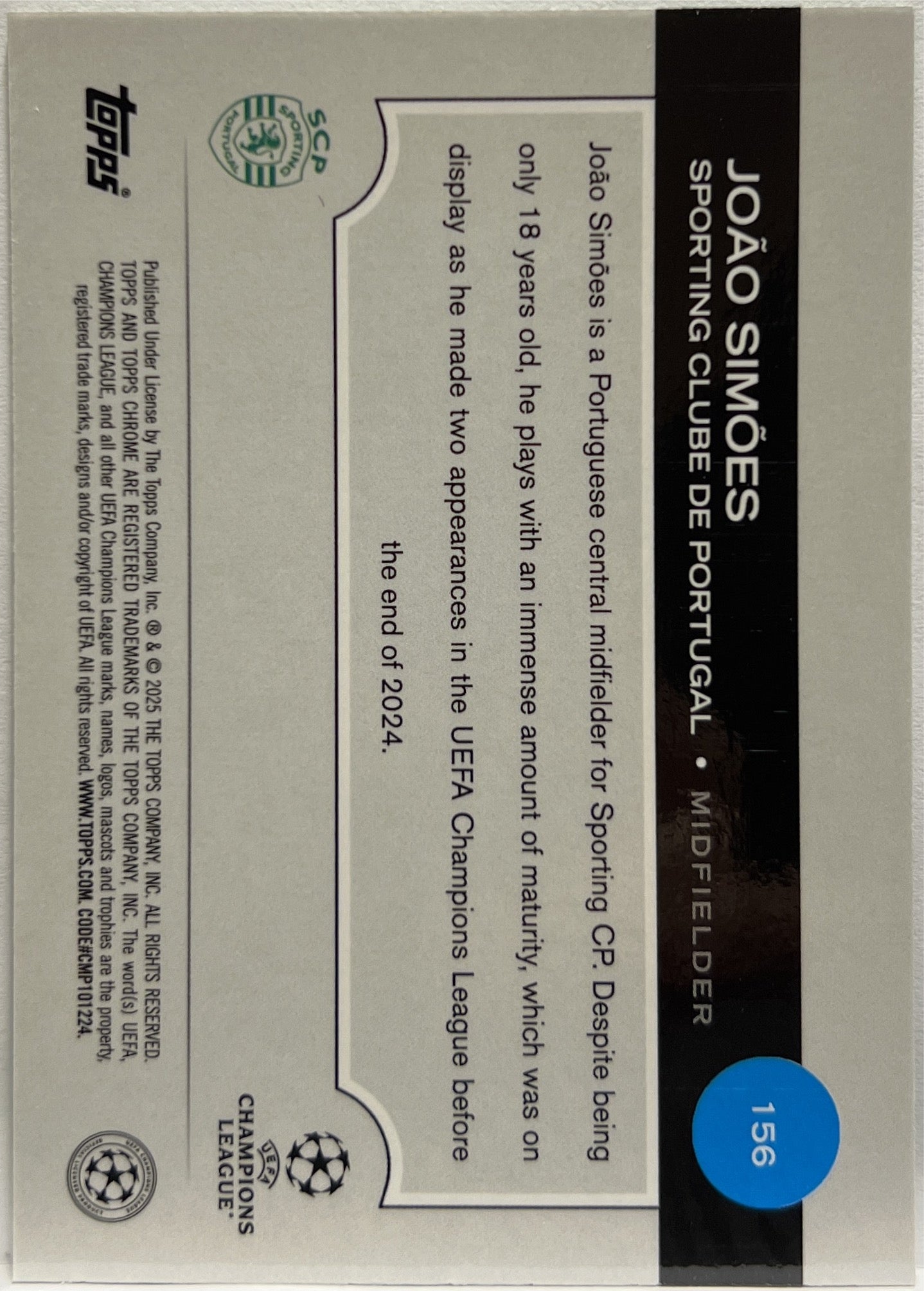 Joao Simoes 36/125 Rookie Green RayWave Topps Chrome UCC 2024/25