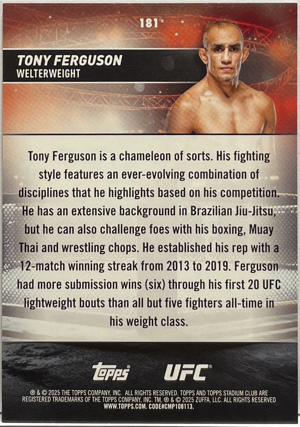 Tony Ferguson 56/99 Turquoise Foil Topps Stadium UFC 2025