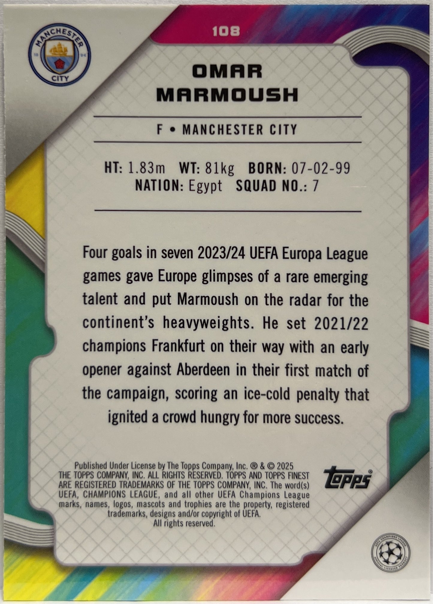 Omar Marmoush 36/299 Purple Topps Finest UCC 2024/25
