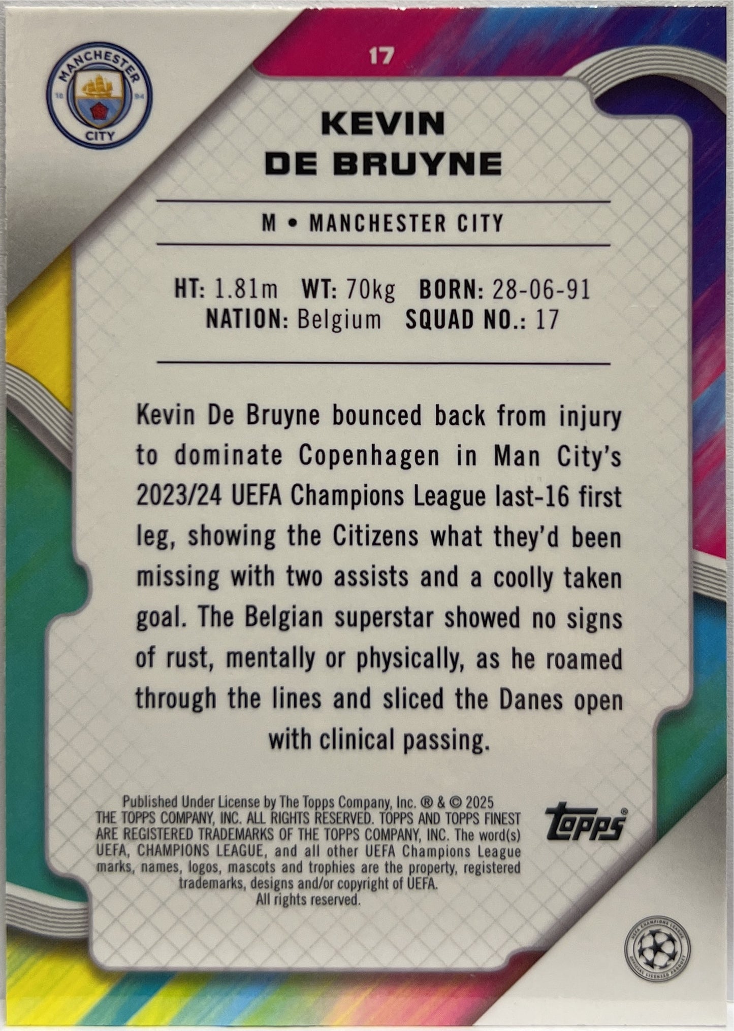 Kevin De Bruyne 104/299 Purple Topps Finest UCC 2024/25