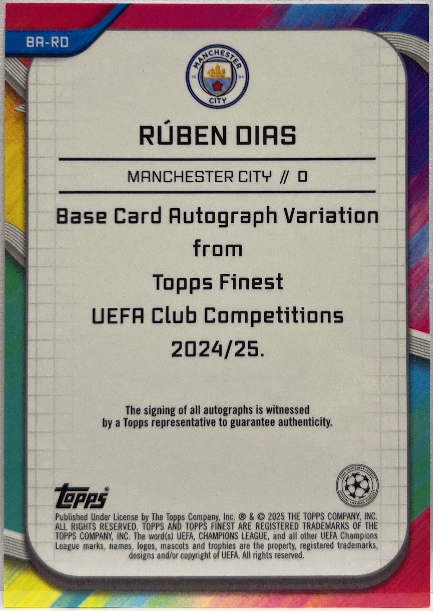 Ruben Dias 16/75 Autograph Magenta Wave Topps Finest UCC 2024/25