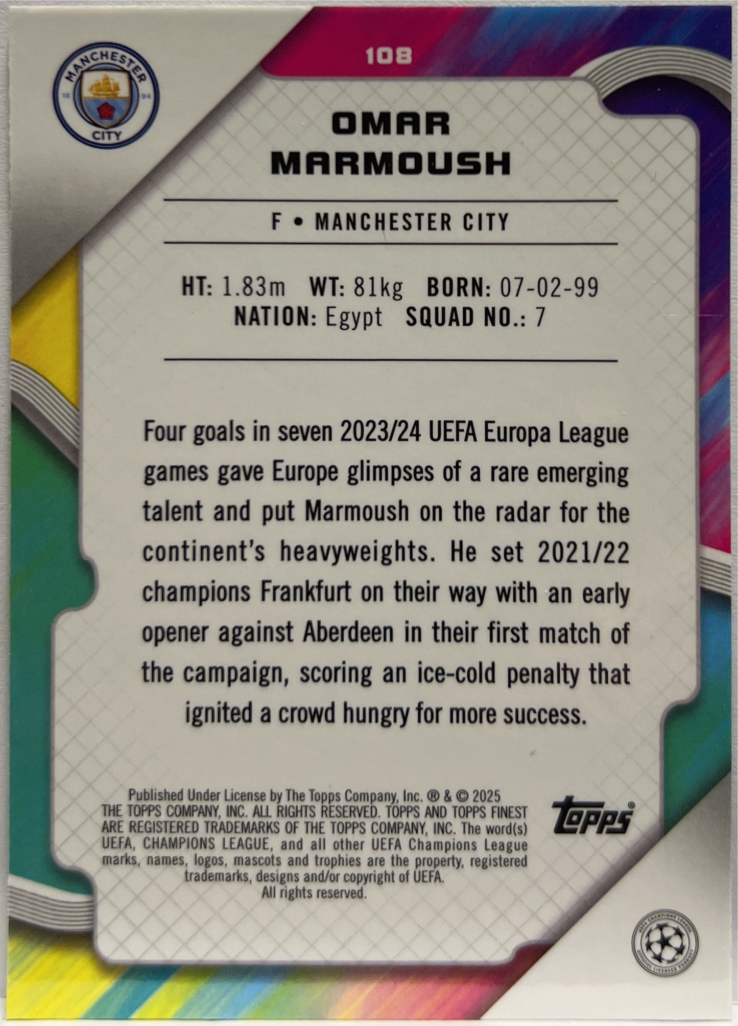 Omar Marmoush 284/299 Purple Topps Finest UCC 2024/25