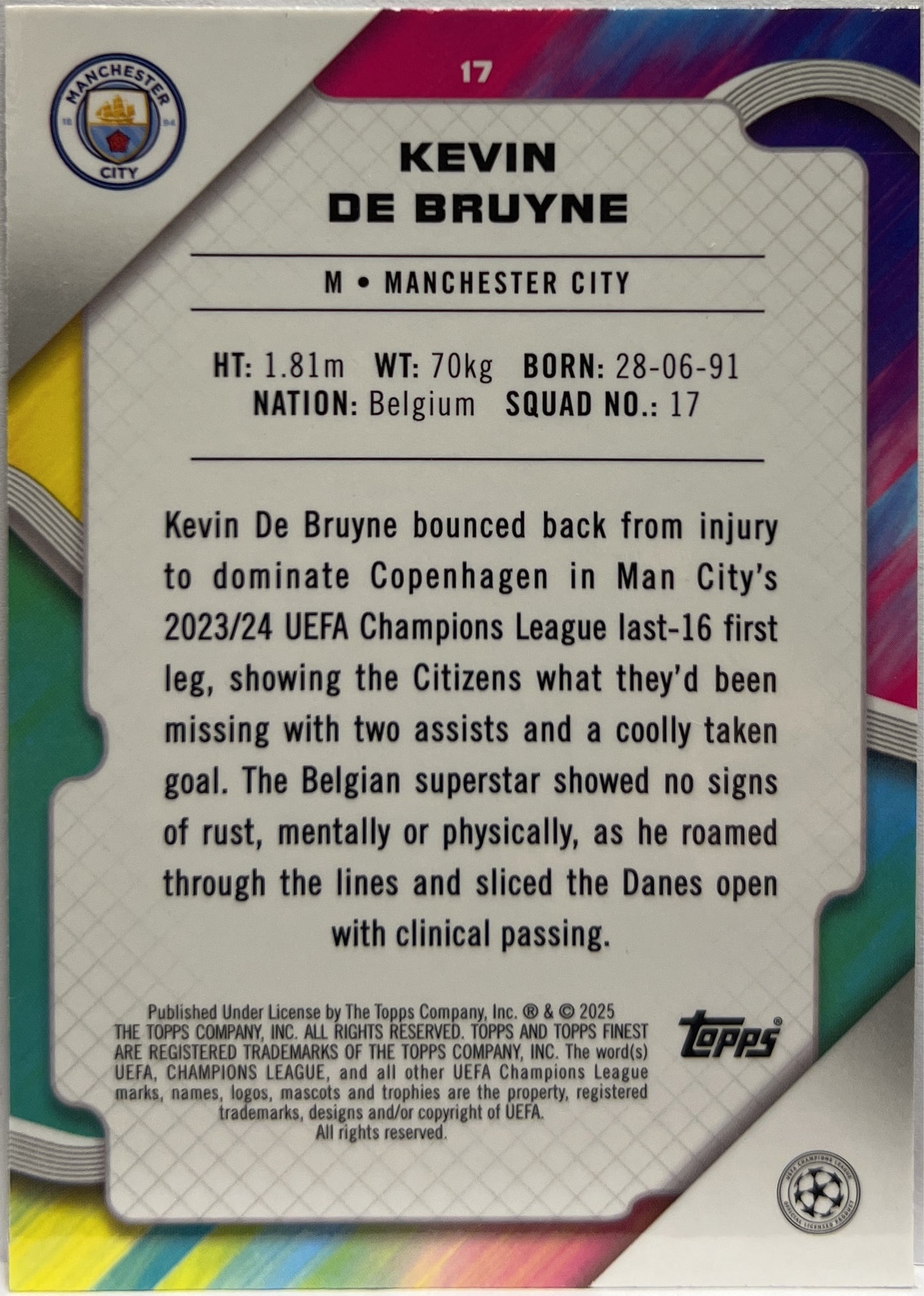 Kevin De Bruyne 55/275 Sky Blue Topps Finest UCC 2024/25