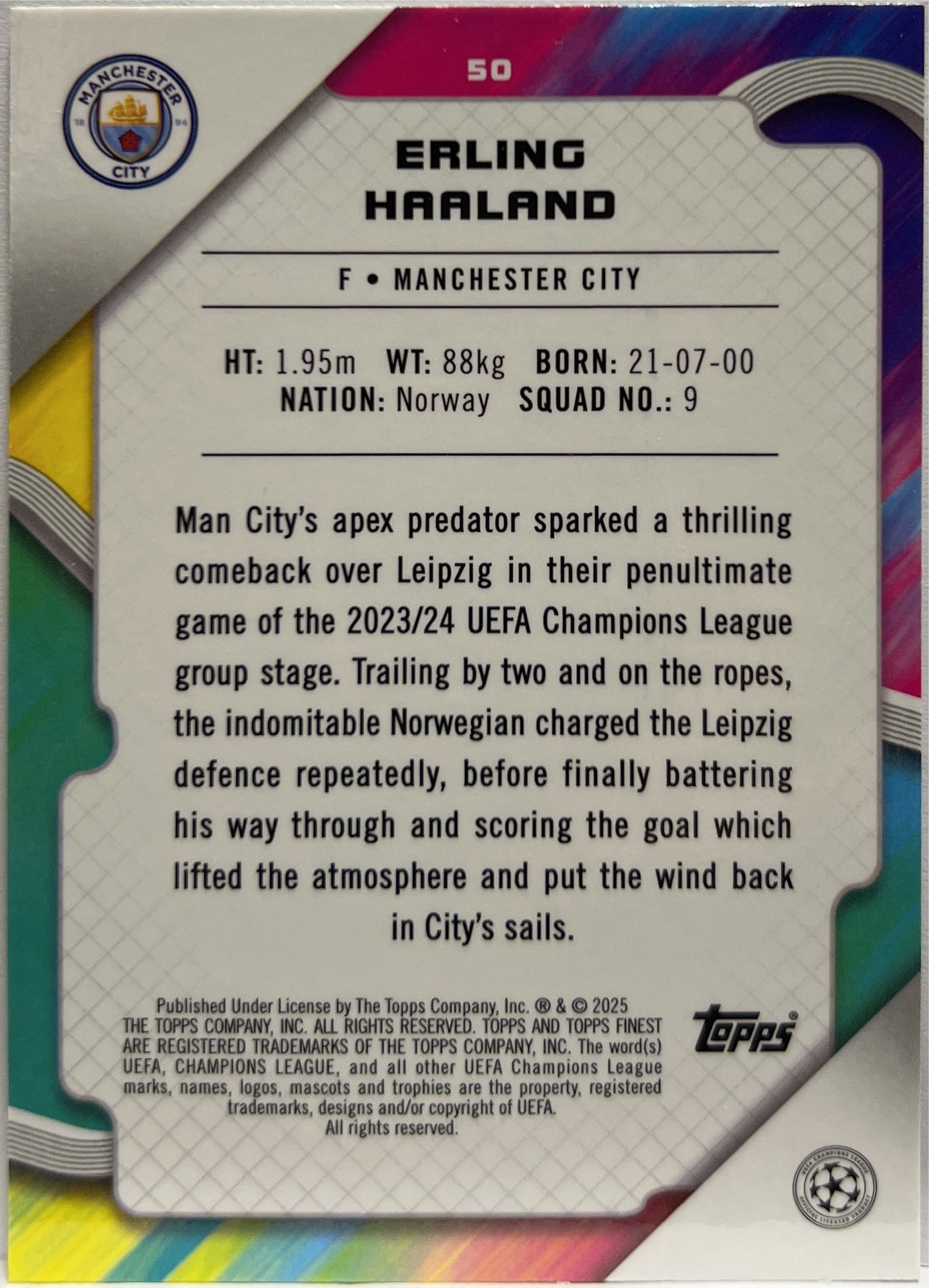 Erling Haaland 82/99 Green Topps Finest UCC 2024/25