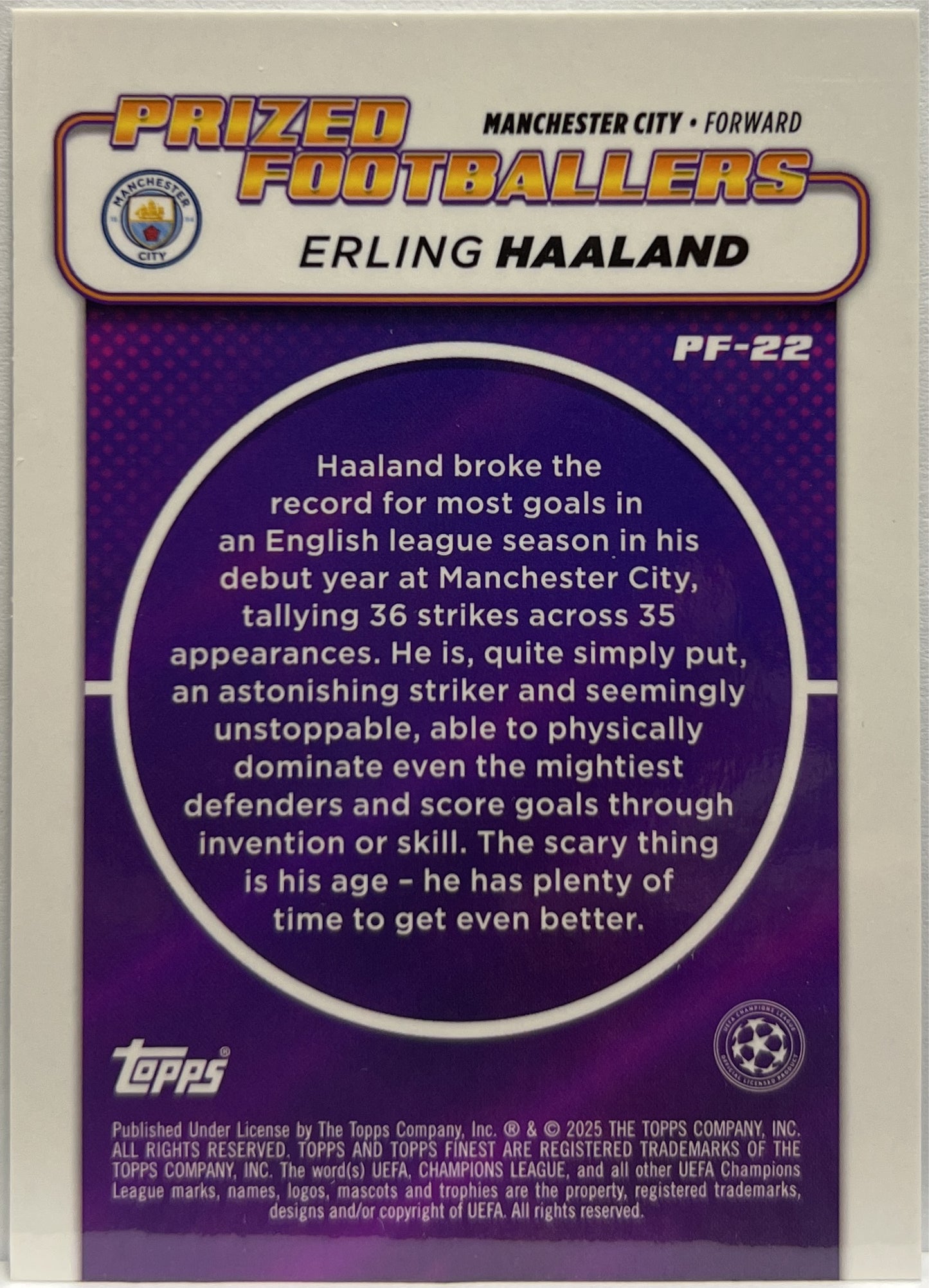 Erling Haaland 21/99 Prized Footballers Green Topps Finest UCC 2024/25