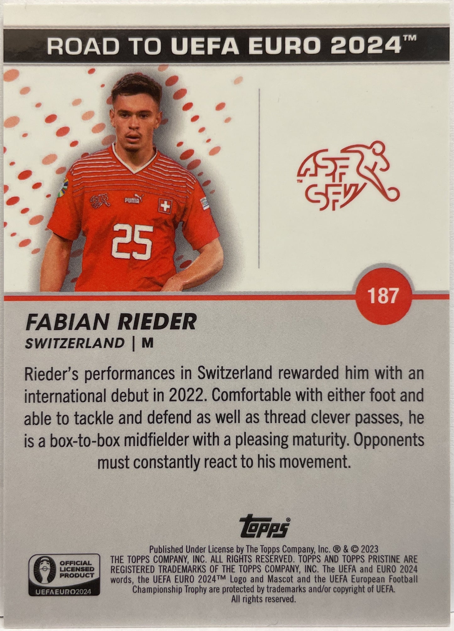 Fabian Rieder 75/75 National Debut Blue Topps Pristine Road To Euro 2024