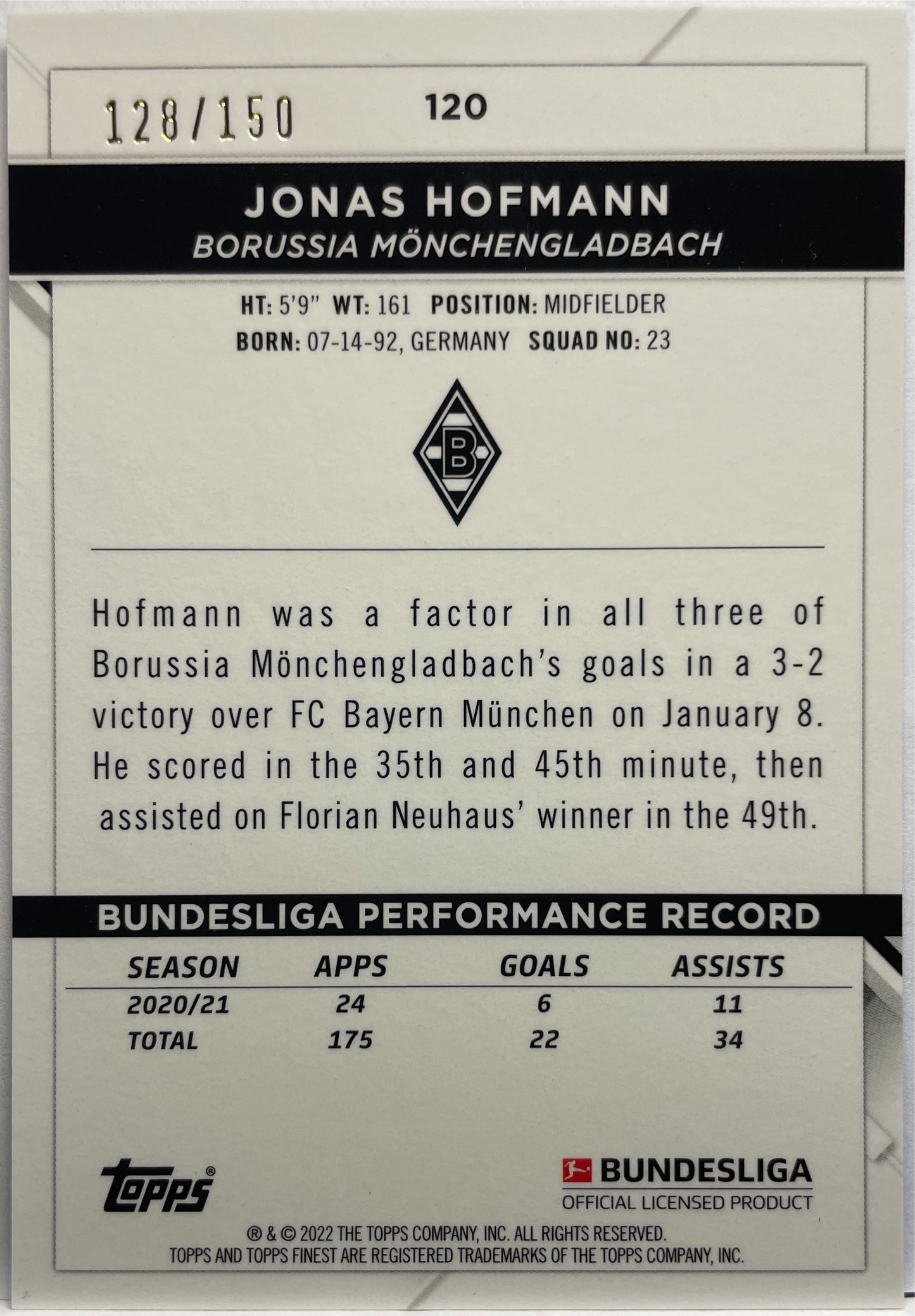 Jonas Hofmann 128/150 Blue Topps Finest Bundesliga 2021/22