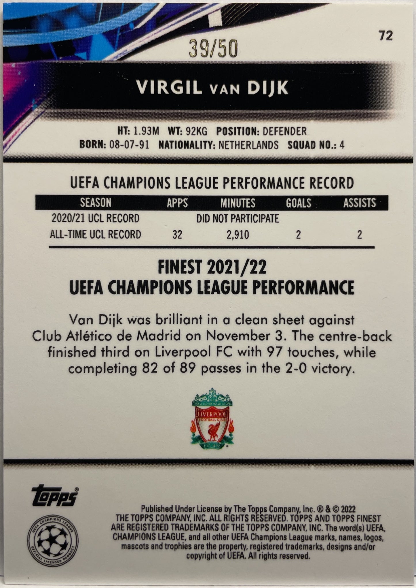 Virgil Van Dijk 39/50 Topps Finest 2021/22