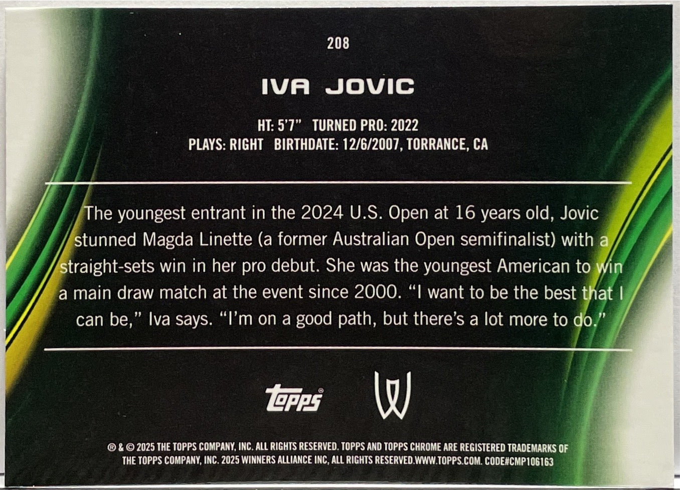 Iva Jovic Rookie Topps Chrome Tennis 2025