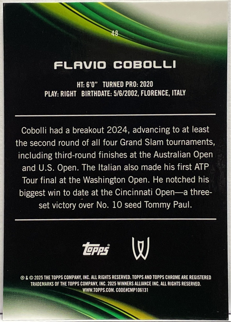 Flavio Cobolli Rookie Topps Chrome Tennis 2025