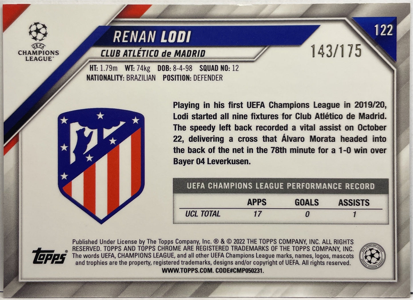 Renan Lodi 143/175 Topps Chrome UCL 2021/22