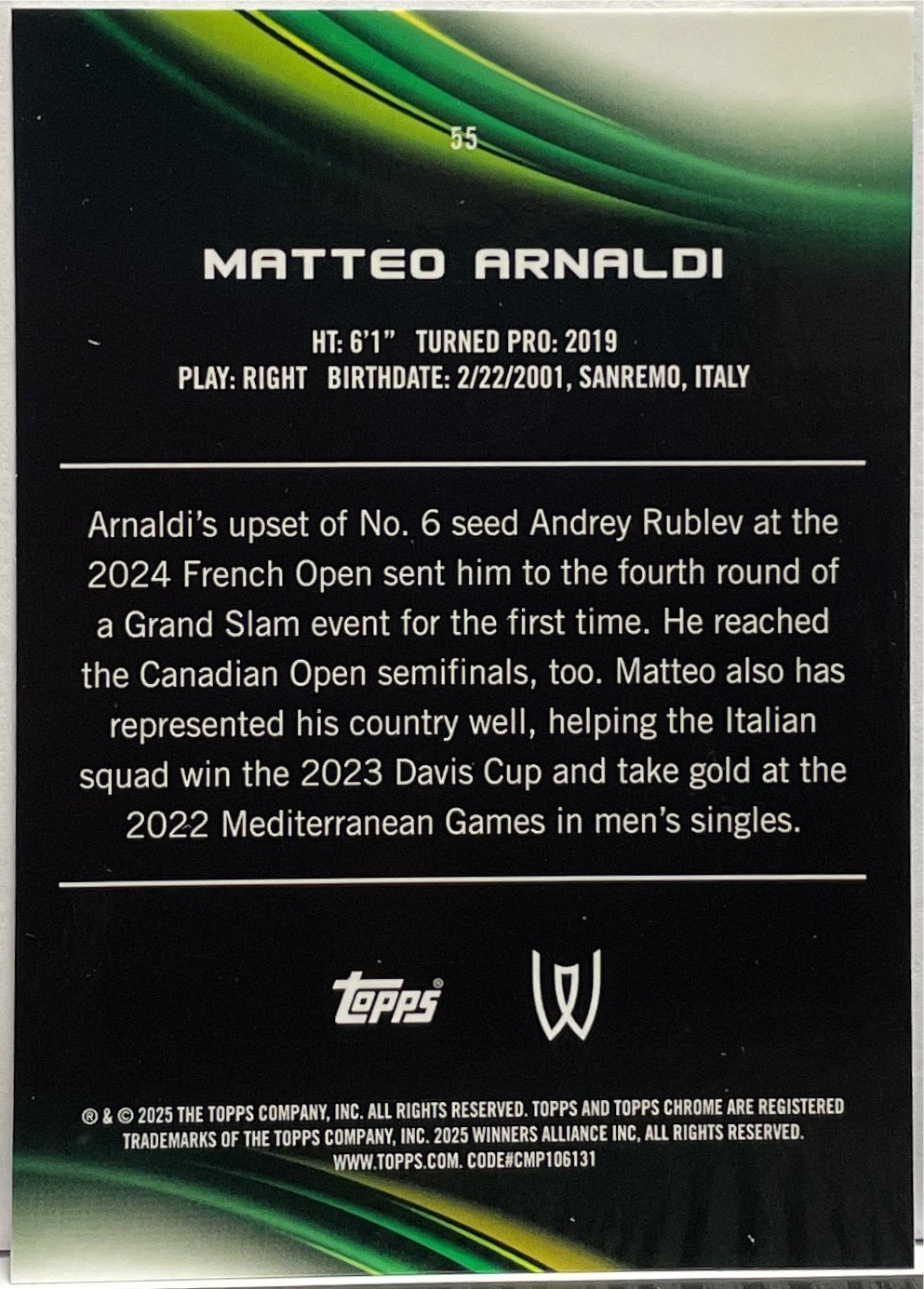 Matteo Arnaldi Rookie Topps Chrome Tennis 2025