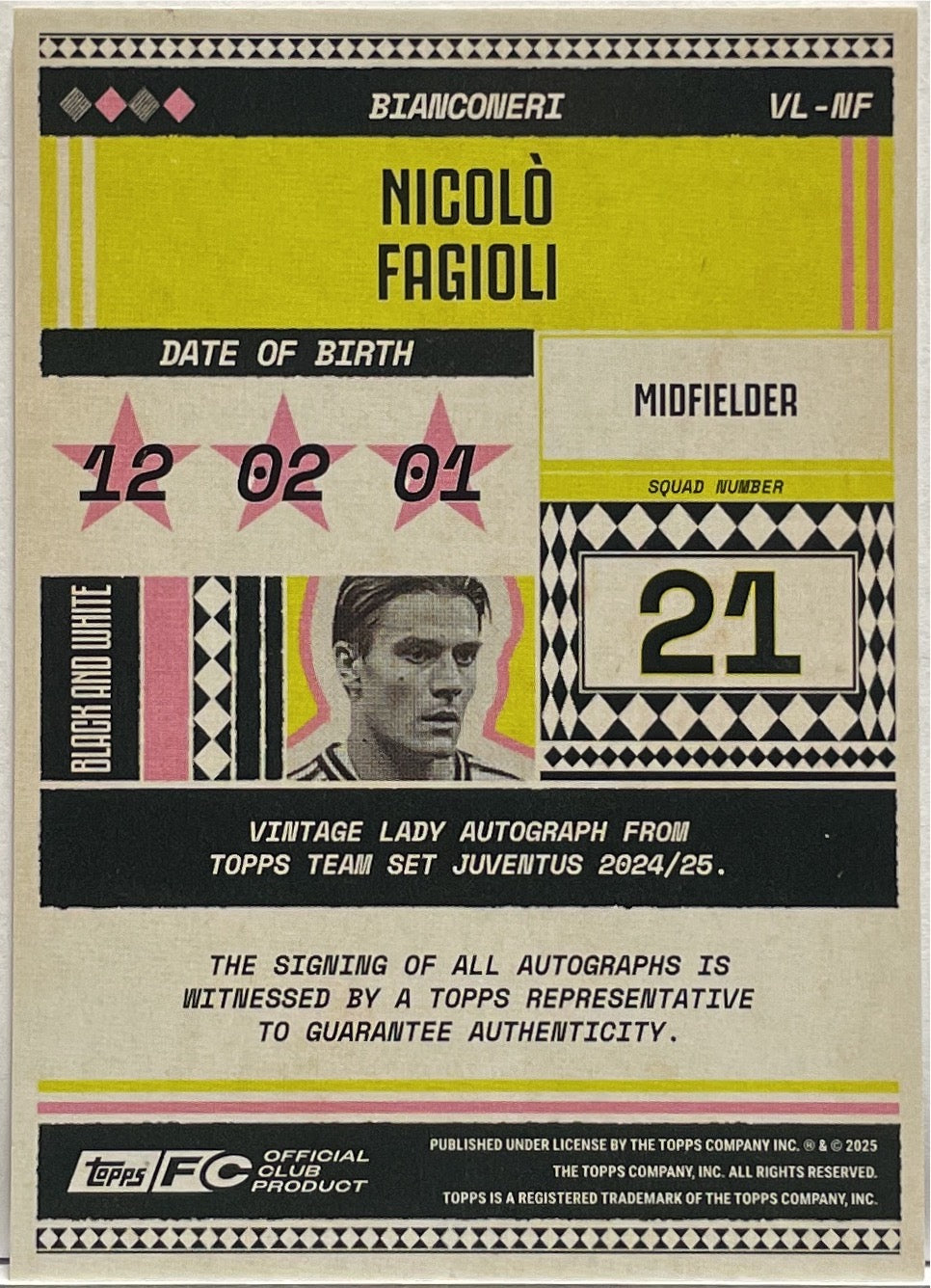 Nicolo Fagioli 10/75 Autograph Vintage Lady Topps Juventus Premium Team Set 2024/25