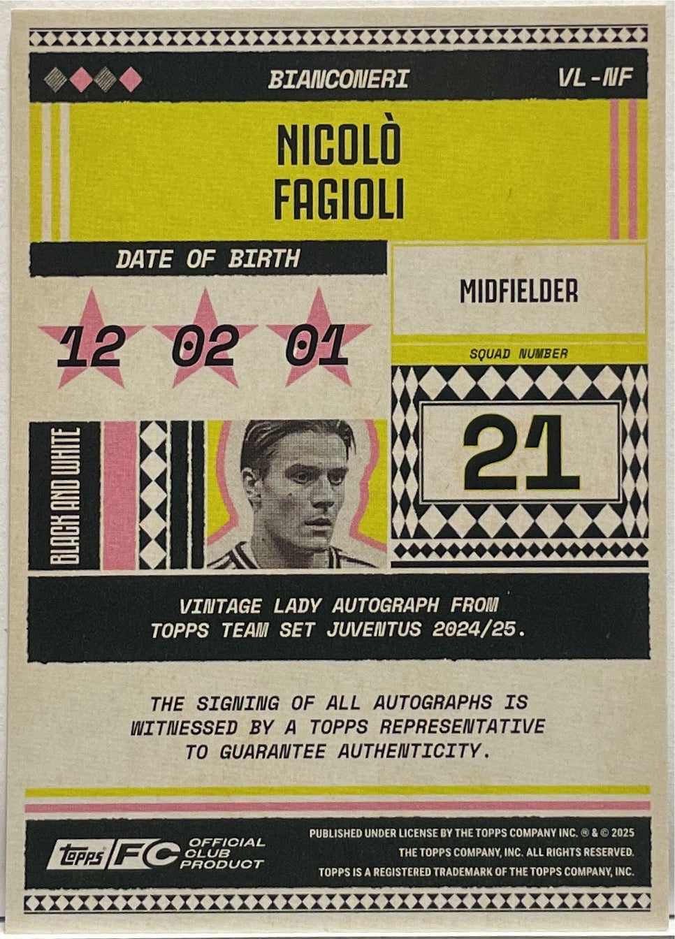 Nicolo Fagioli 9/75 Autograph Vintage Lady Topps Juventus Premium Team Set 2024/25