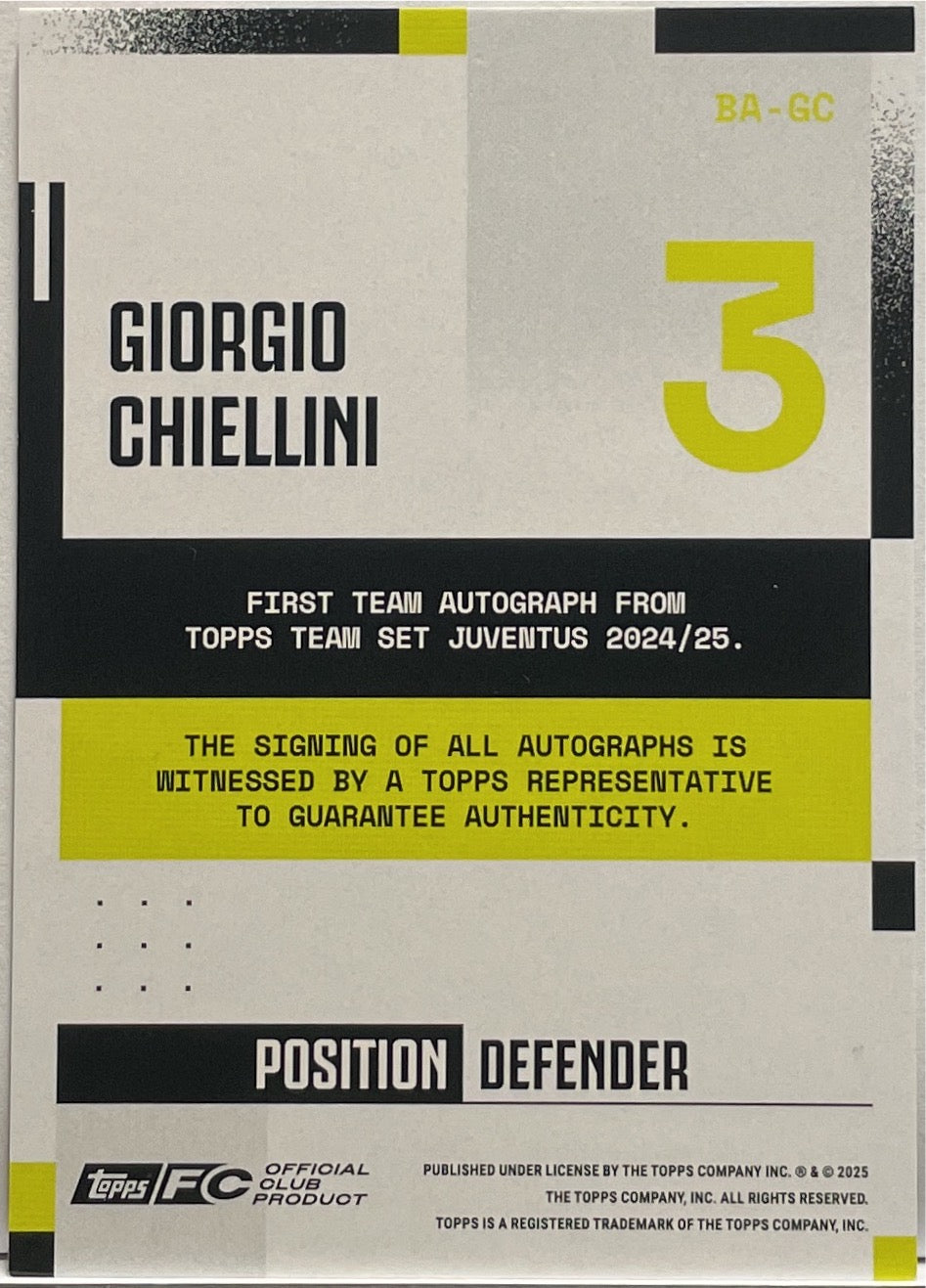 Giorgio Chiellini 25/99 Autograph Pink Topps Juventus Premium Team Set 2024/25
