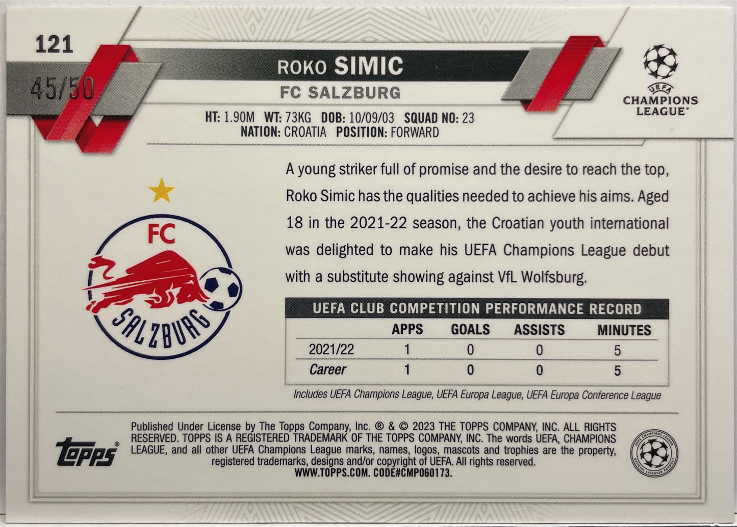 Roko Simic 45/50 Rookie Gold Sparkle Topps Chrome UCC 2022/23