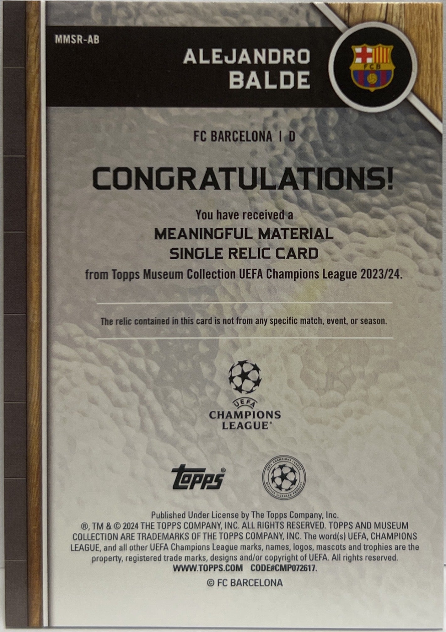 Alejandro Balde 248/299 Patch Meaningful Material Topps Museum 2023/24