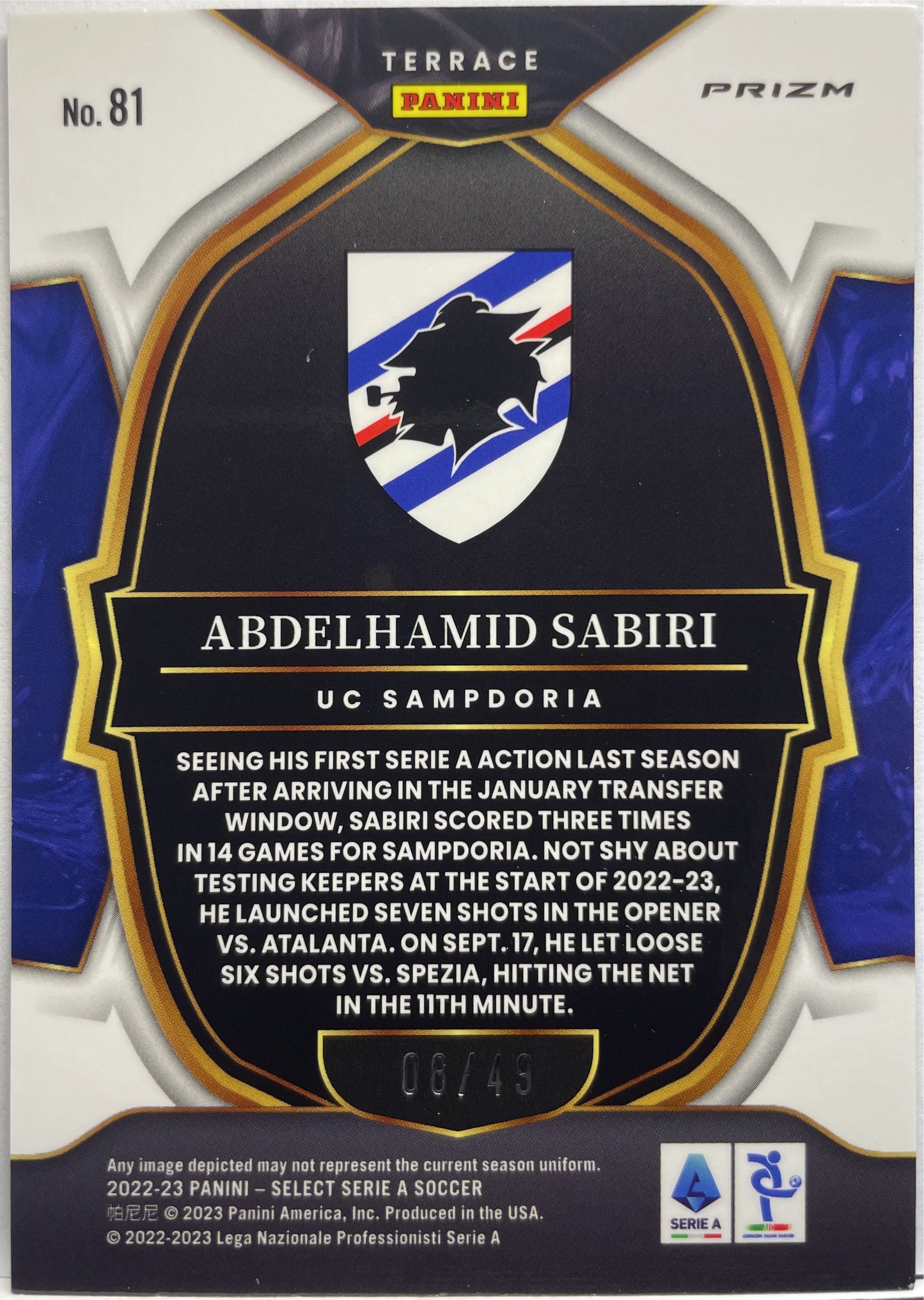 Abdelhamid Sabiri 8/49 Rookie Terrace Purple Select Serie A 2022/23