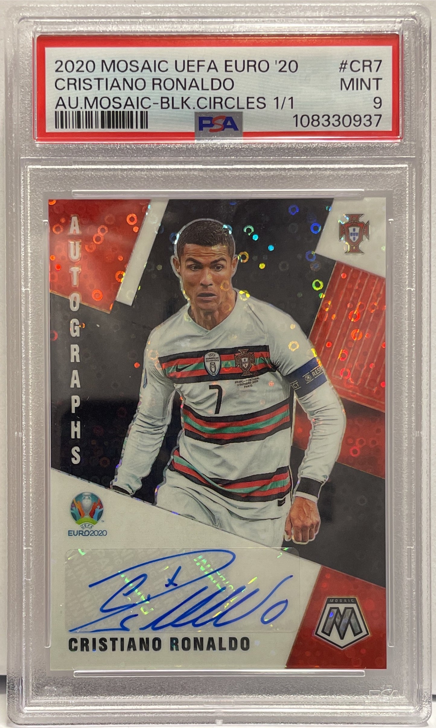 Cristiano Ronaldo 1/1 Autograph Black Circles One Of One Panini Mosaic Uefa Euro 2020 PSA 9