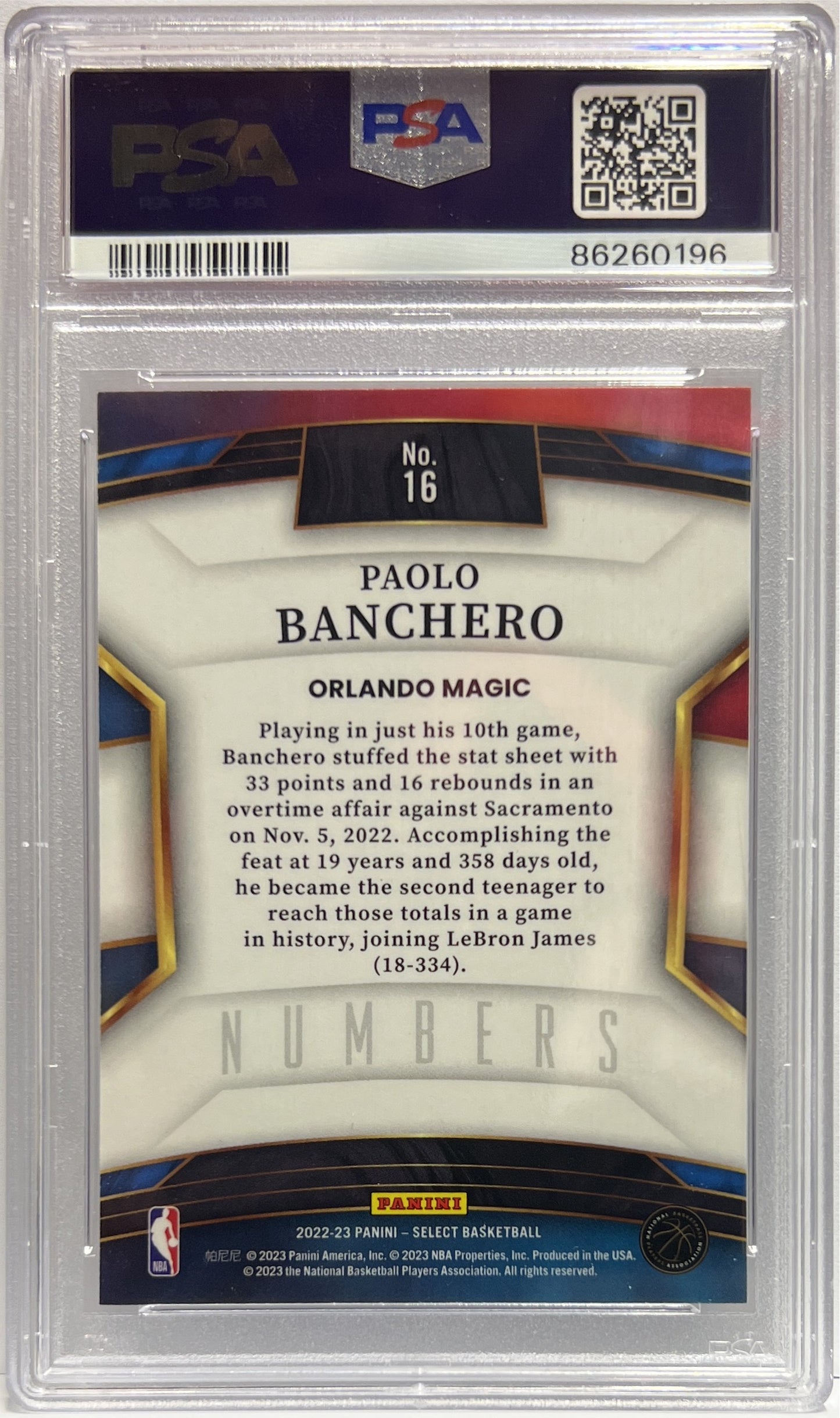 Paolo Banchero Rookie Numbers Select Basketball NBA 2022/23 PSA 10