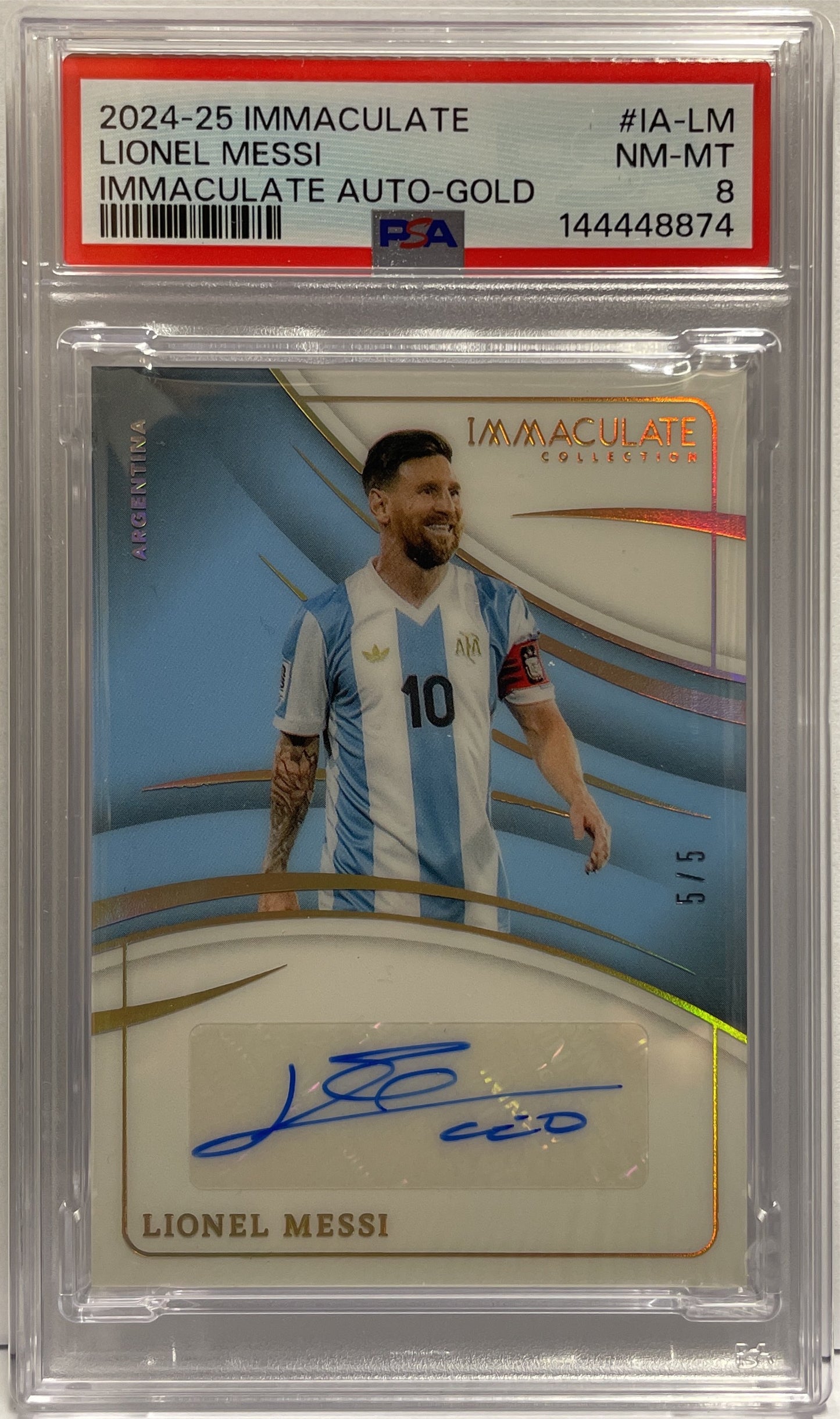 Lionel Messi 5/5 Autograph Gold Panini Immaculate 2024/25 PSA 8