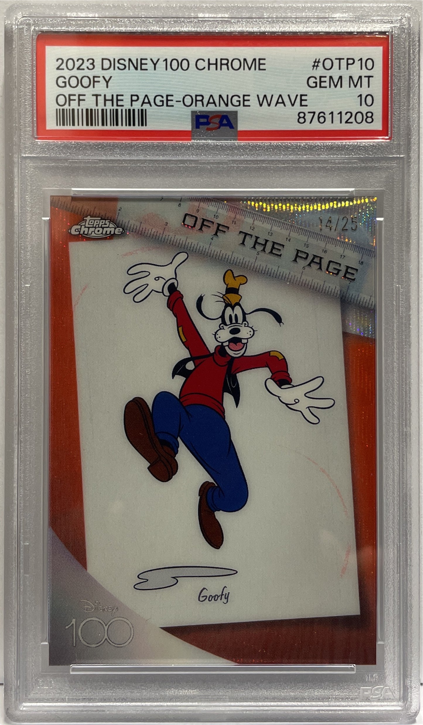 Goofy 14/25 Off The Page Orange Wave Topps Chrome Disney 100 2023 PSA 10