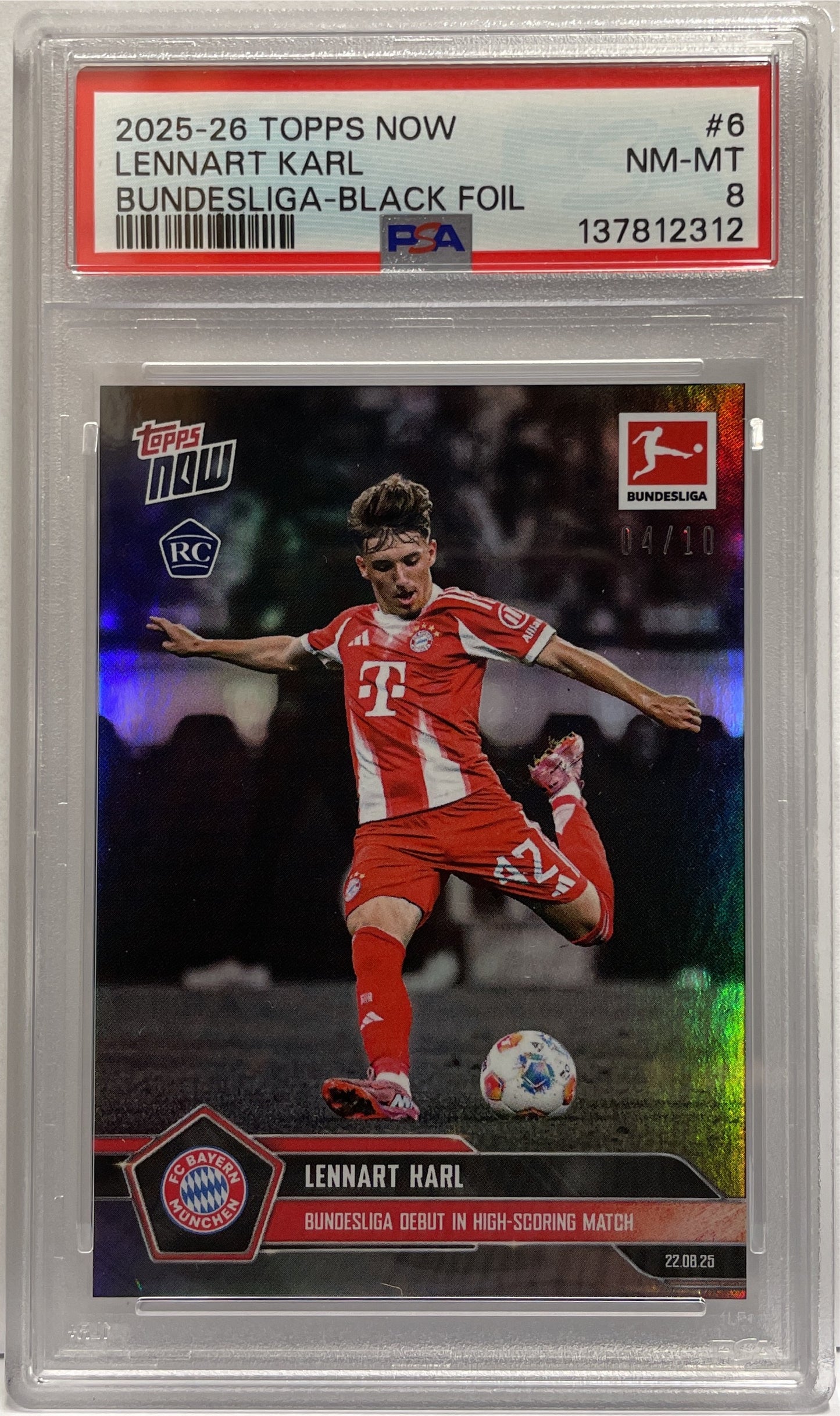 Lennart Karl 4/10 Rookie Debut Black Foil Topps Now Bundesliga 2025/26 PSA 8