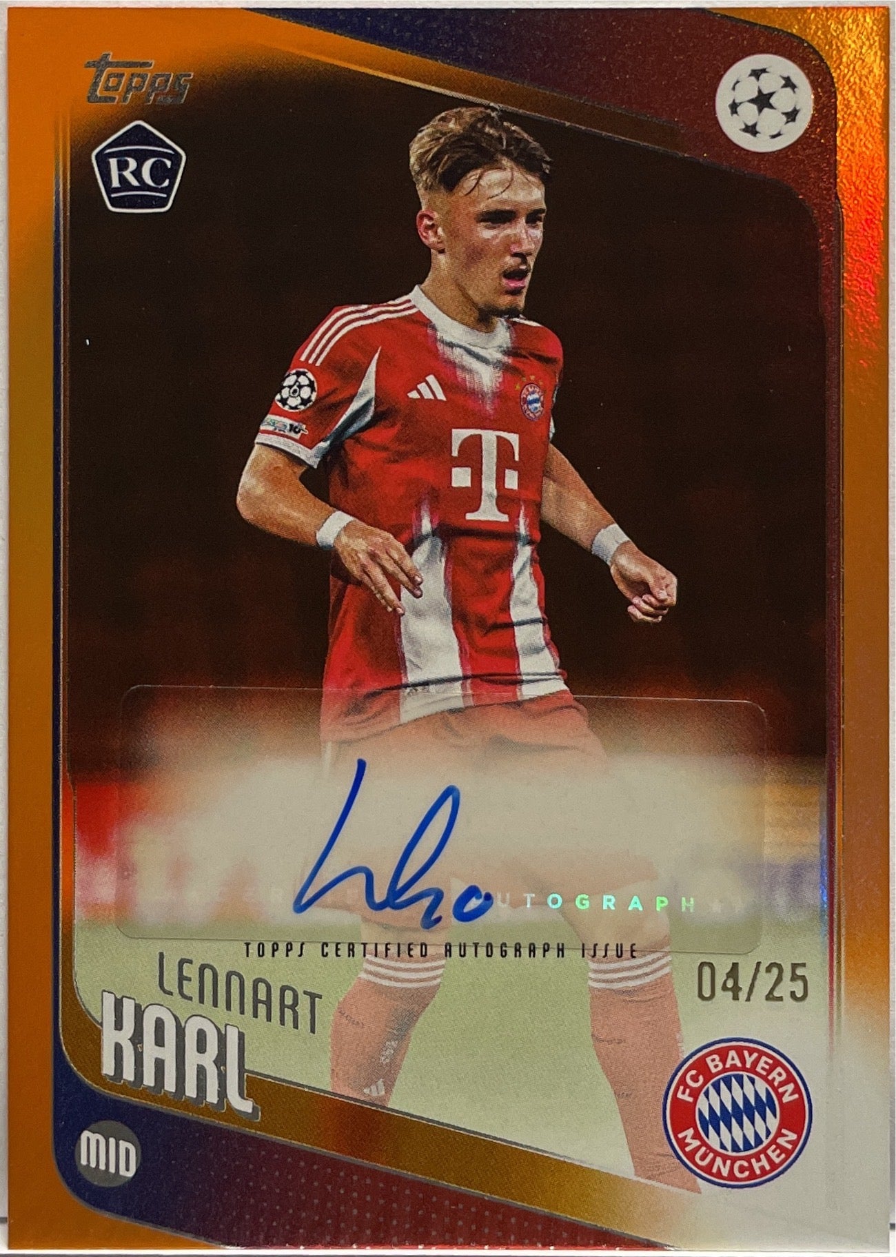 Lennart Karl 4/25 Rookie Autograph Orange Topps UCC 2025/26