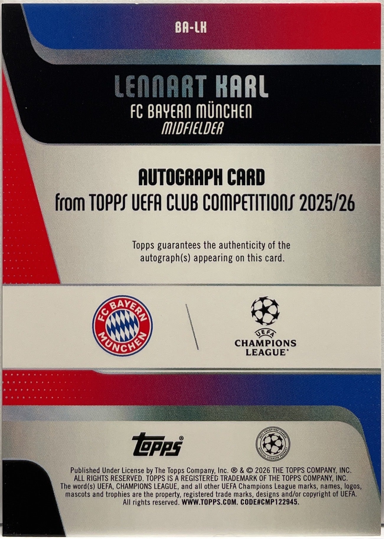 Lennart Karl 4/25 Rookie Autograph Orange Topps UCC 2025/26