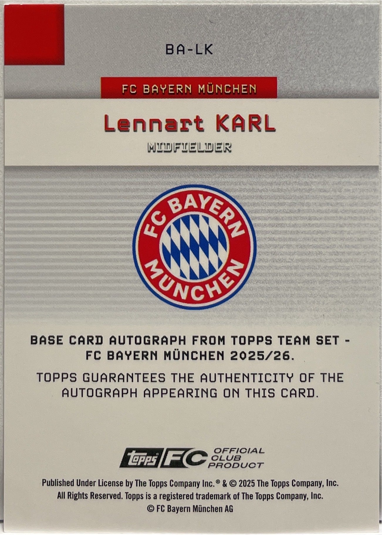 Lennart Karl Rookie Autograph Topps FC Bayern Munchen Team Set 2025/26