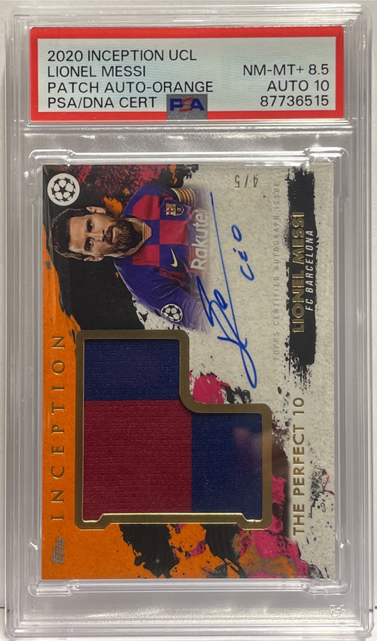 Lionel Messi 4/5 Patch Worn Autograph The Perfect 10 Topps Inception UCL 2020/21 PSA 8.5 Auto 10