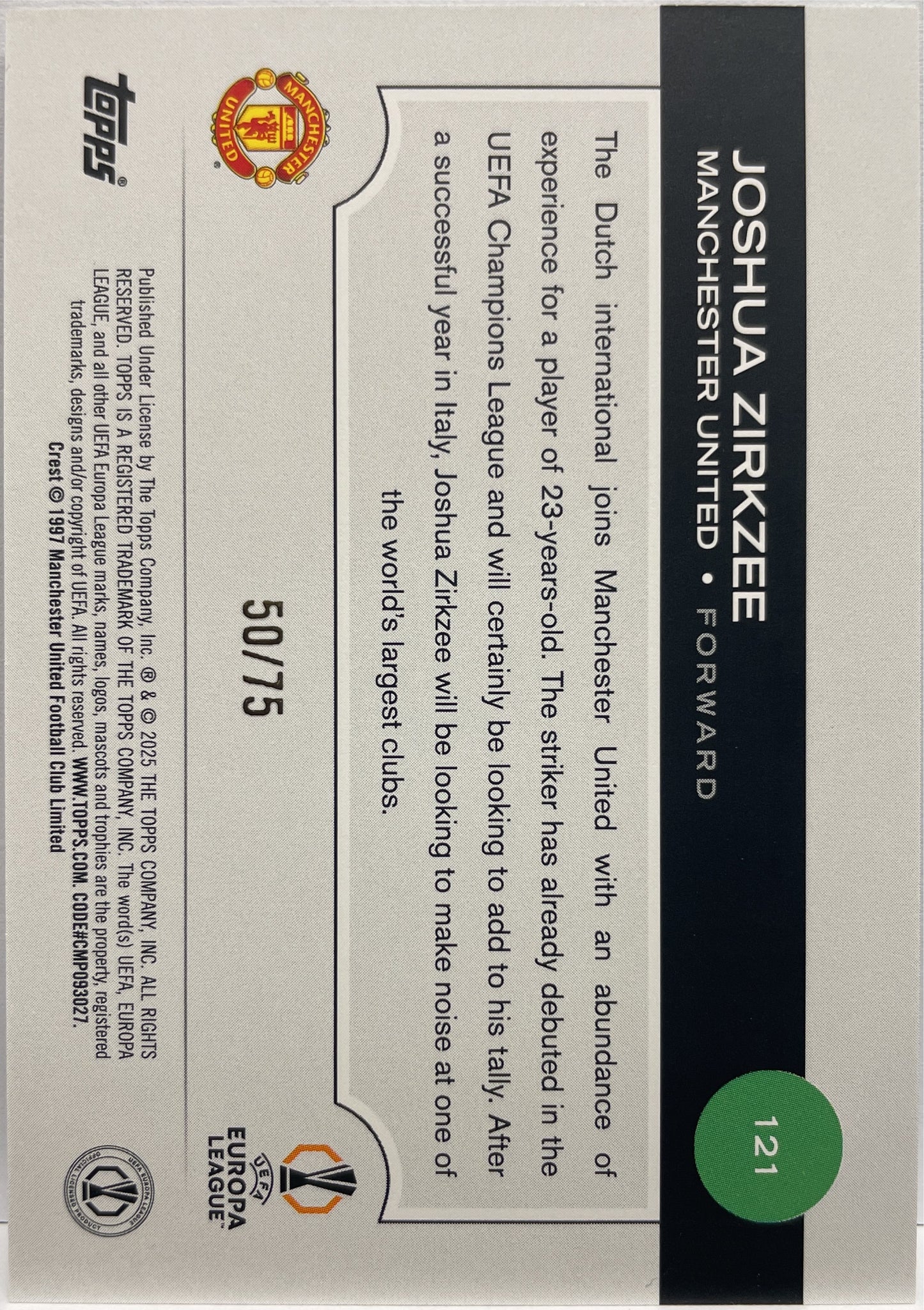 Joshua Zirkzee 50/75 Blue Topps UCC 2024/25