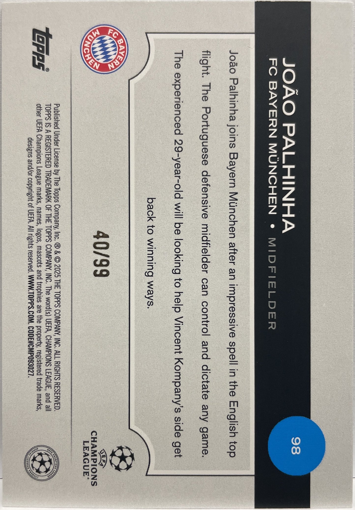 Joao Palhinha 40/99 Green Topps UCC 2024/25