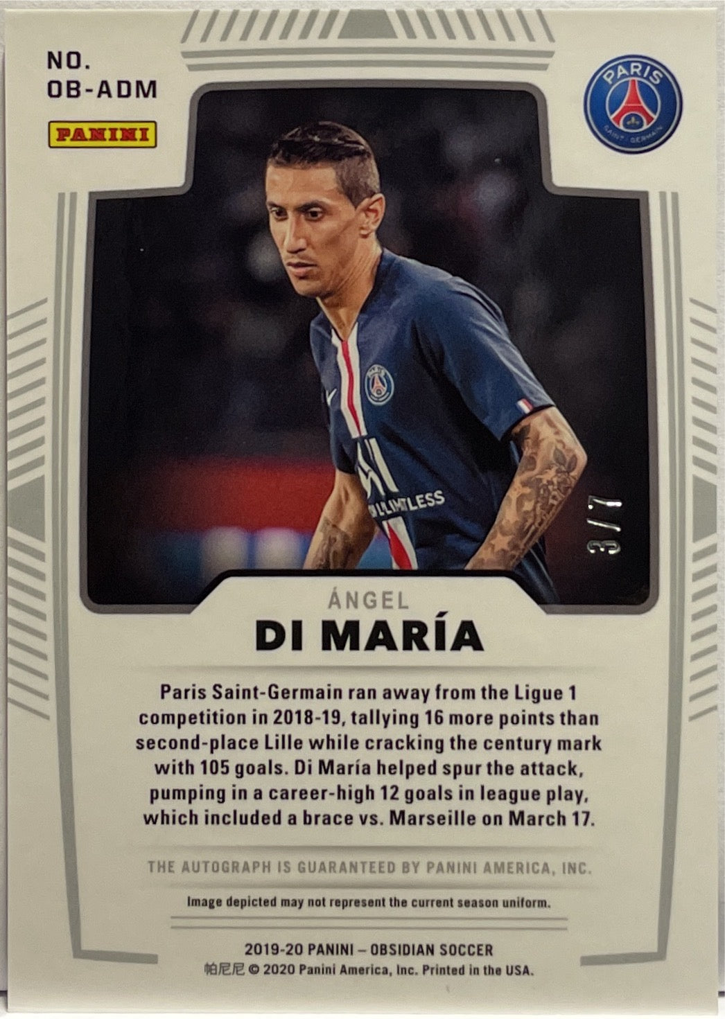 Angel Di Maria 3/7 Autograph Panini Obsidian 2019/20