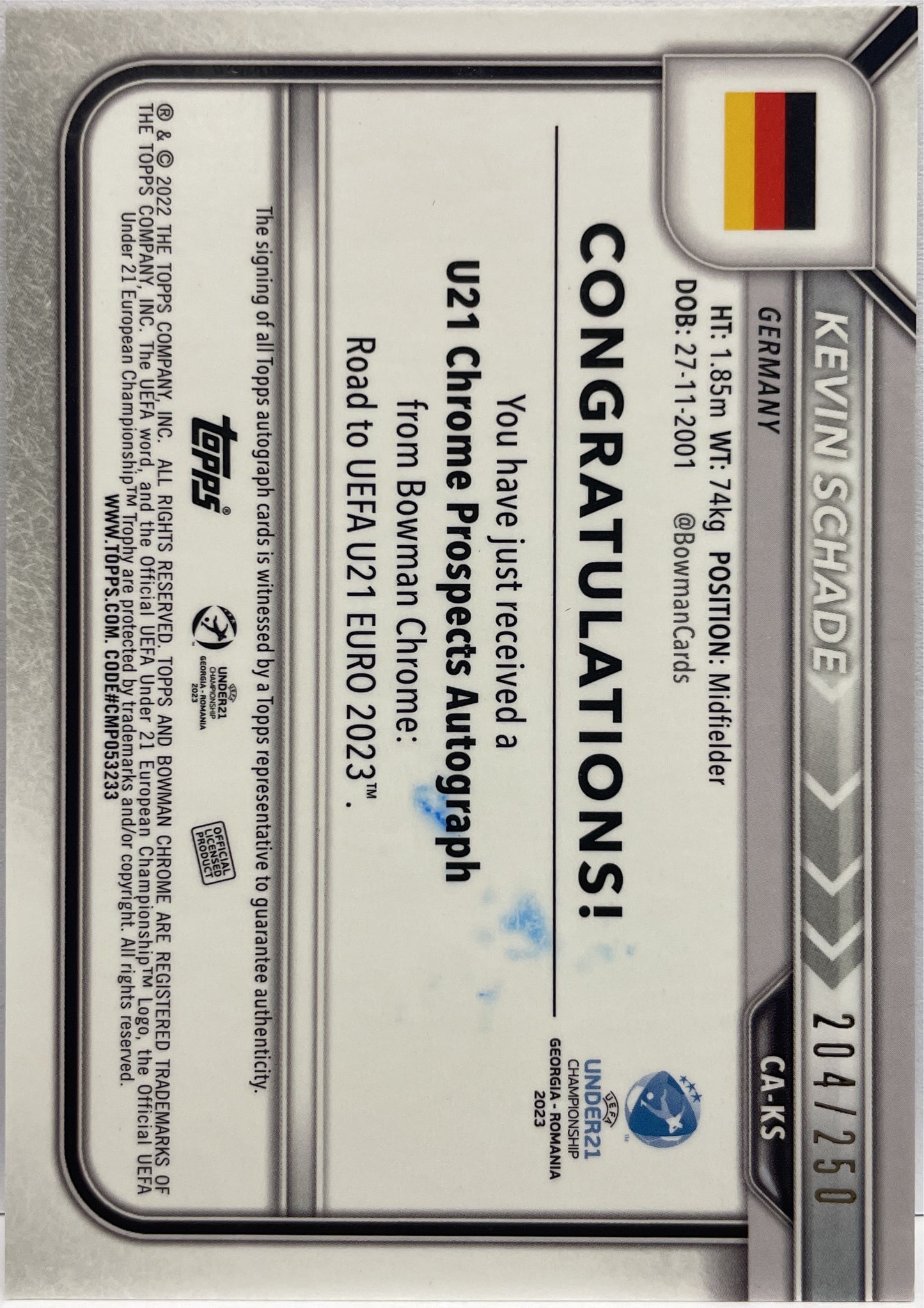 Kevin Schade 204/250 Autograph 1ST Bowman Purple Topps Uefa U21 2023