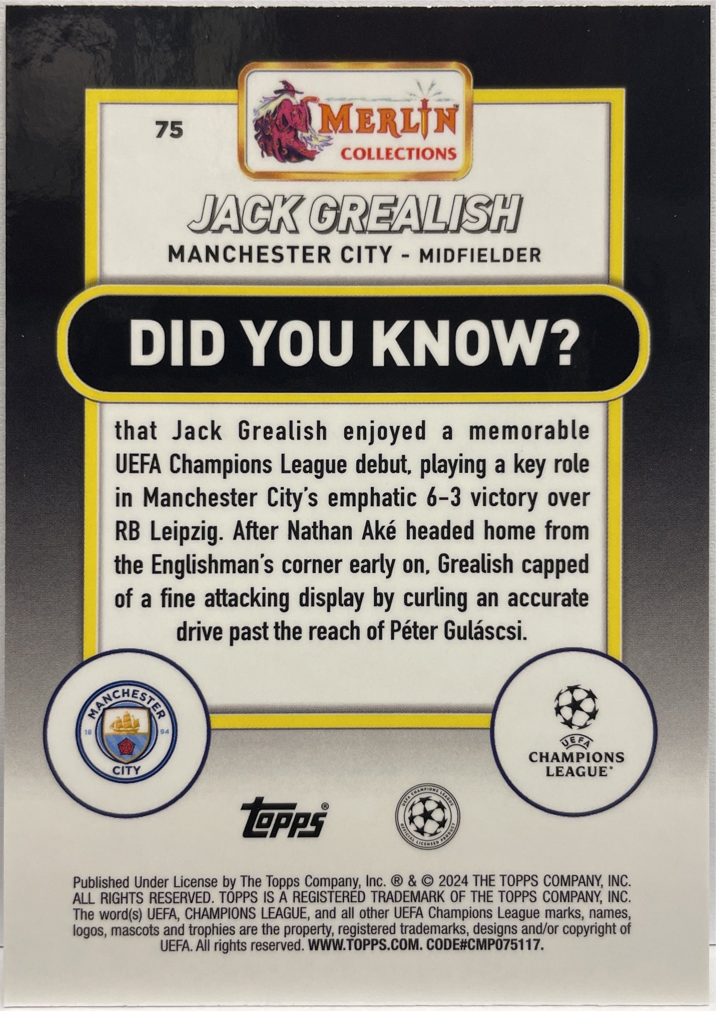 Jack Grealish 12/399 Green Shimmer Topps Chrome Merlin UCC 2023/24