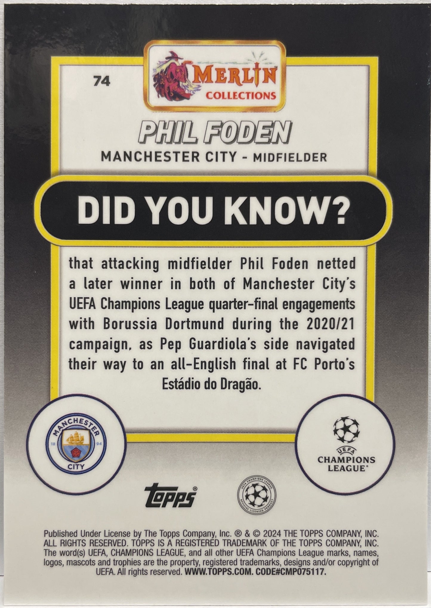 Phil Foden 69/99 Green Mojo Topps Chrome Merlin UCC 2023/24