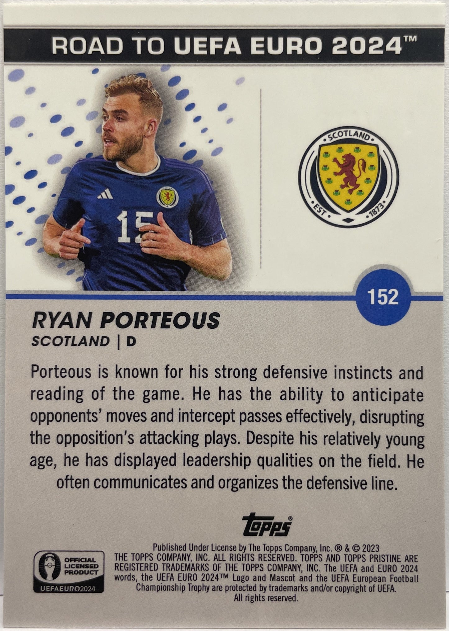 Ryan Porteous 16/125 National Debut Green Topps Pristine Road To Euro 2024