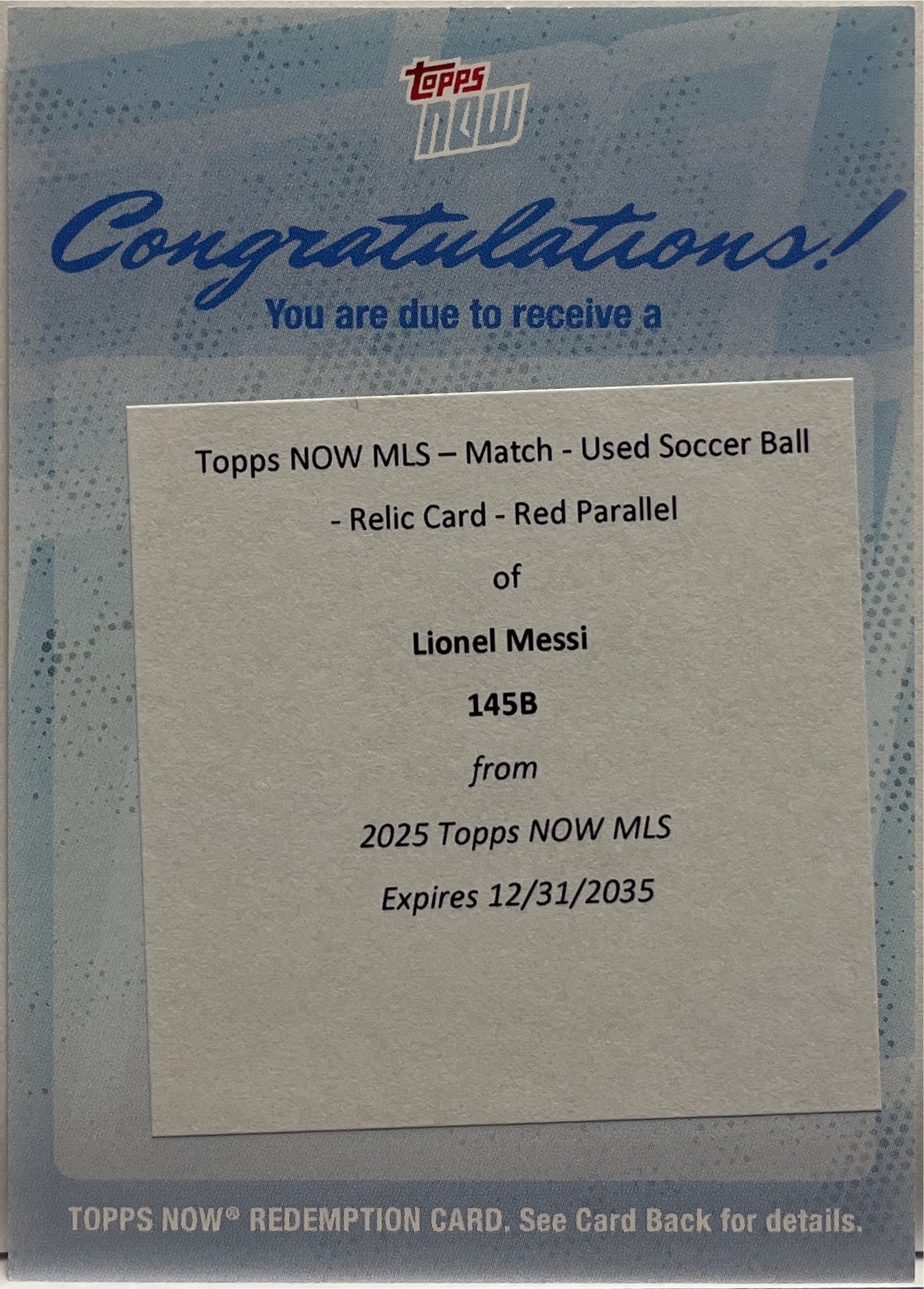 Lionel Messi Match Ball Used Red Parallel Topps Now MLS 2025 Redemption