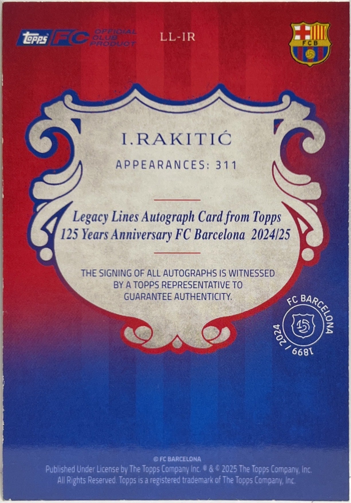 Ivan Rakitic 19/50 Autograph Legacy Lines Topps Barcelona 125 2024/25