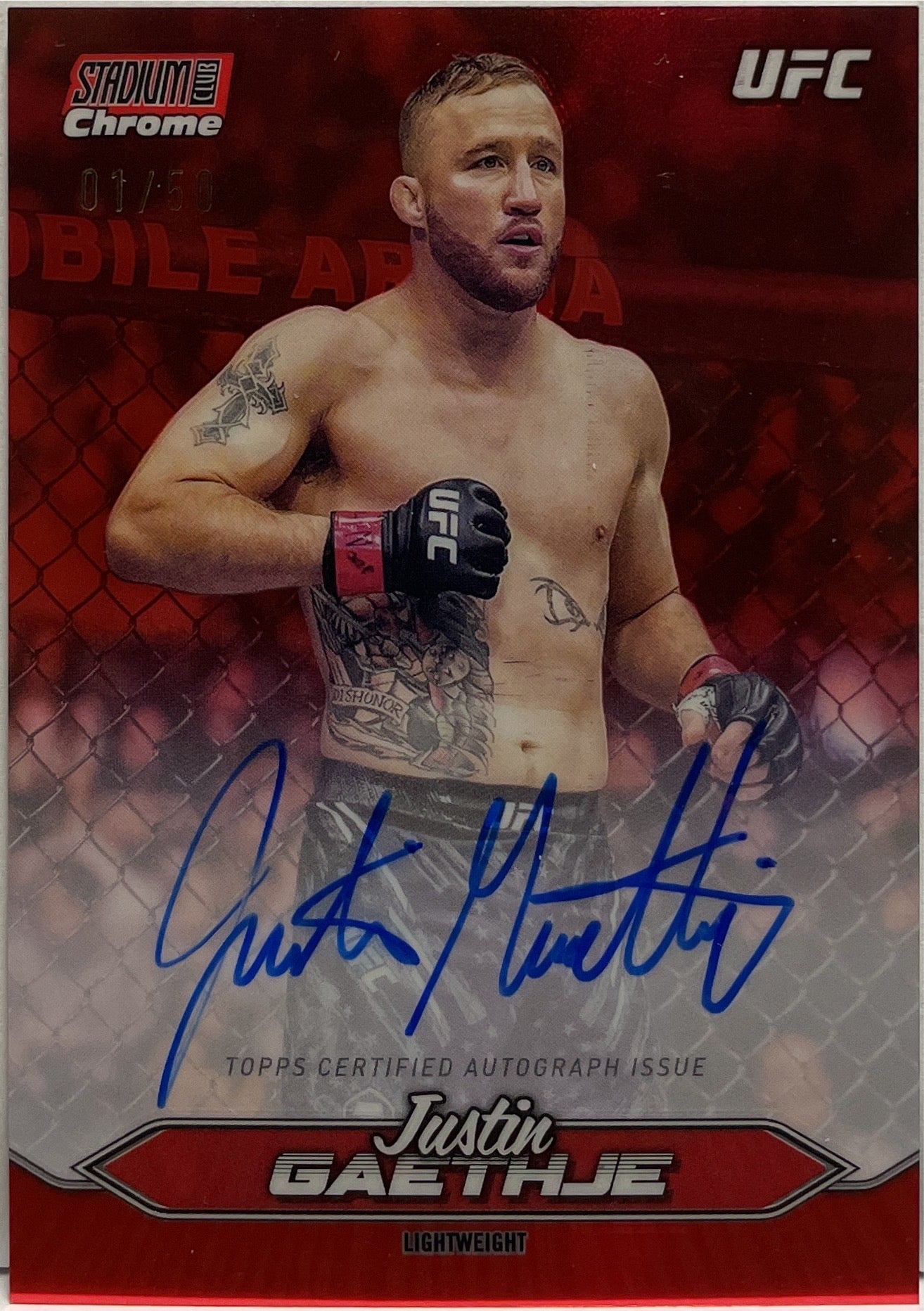Justin Gaethje 1/50 Autograph On Card Chrome Red Topps Stadium UFC 2025