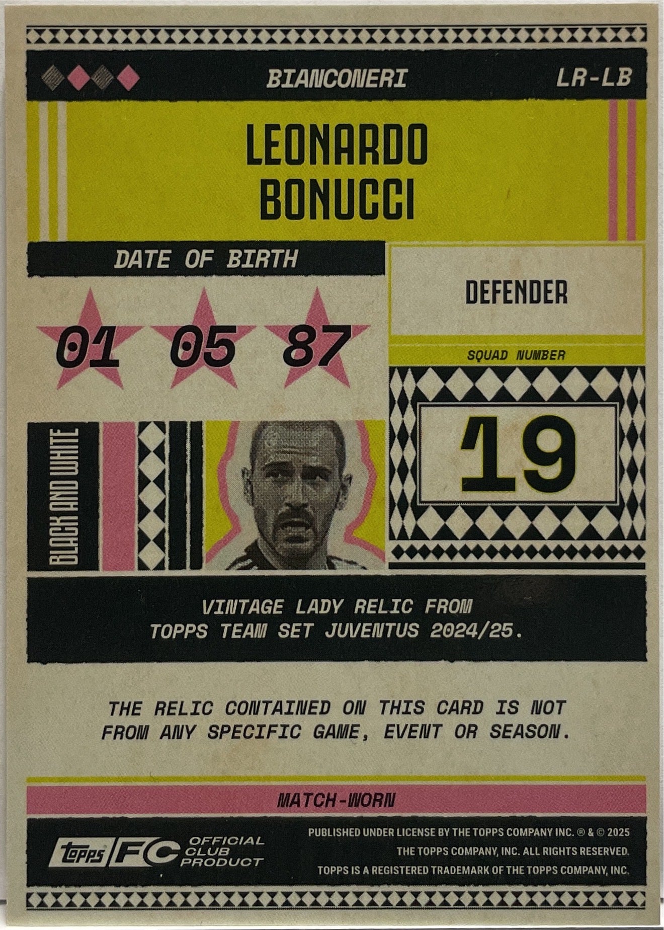 Leonardo Bonucci 69/250 Patch Vintage Lady Relic Topps Juventus Premium Team Set 2024/25