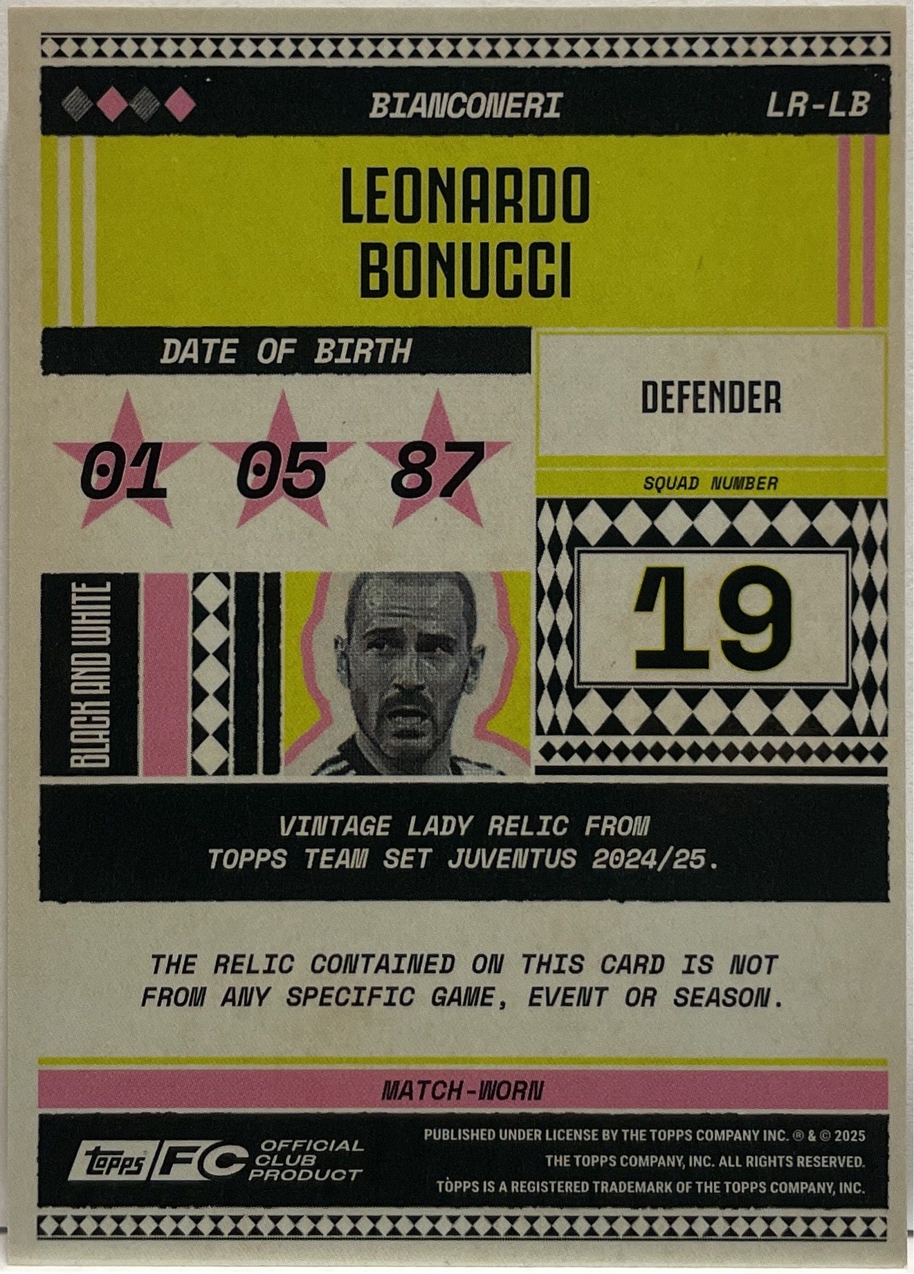 Leonardo Bonucci 1/250 Patch Vintage Lady Relic Topps Juventus Premium Team Set 2024/25