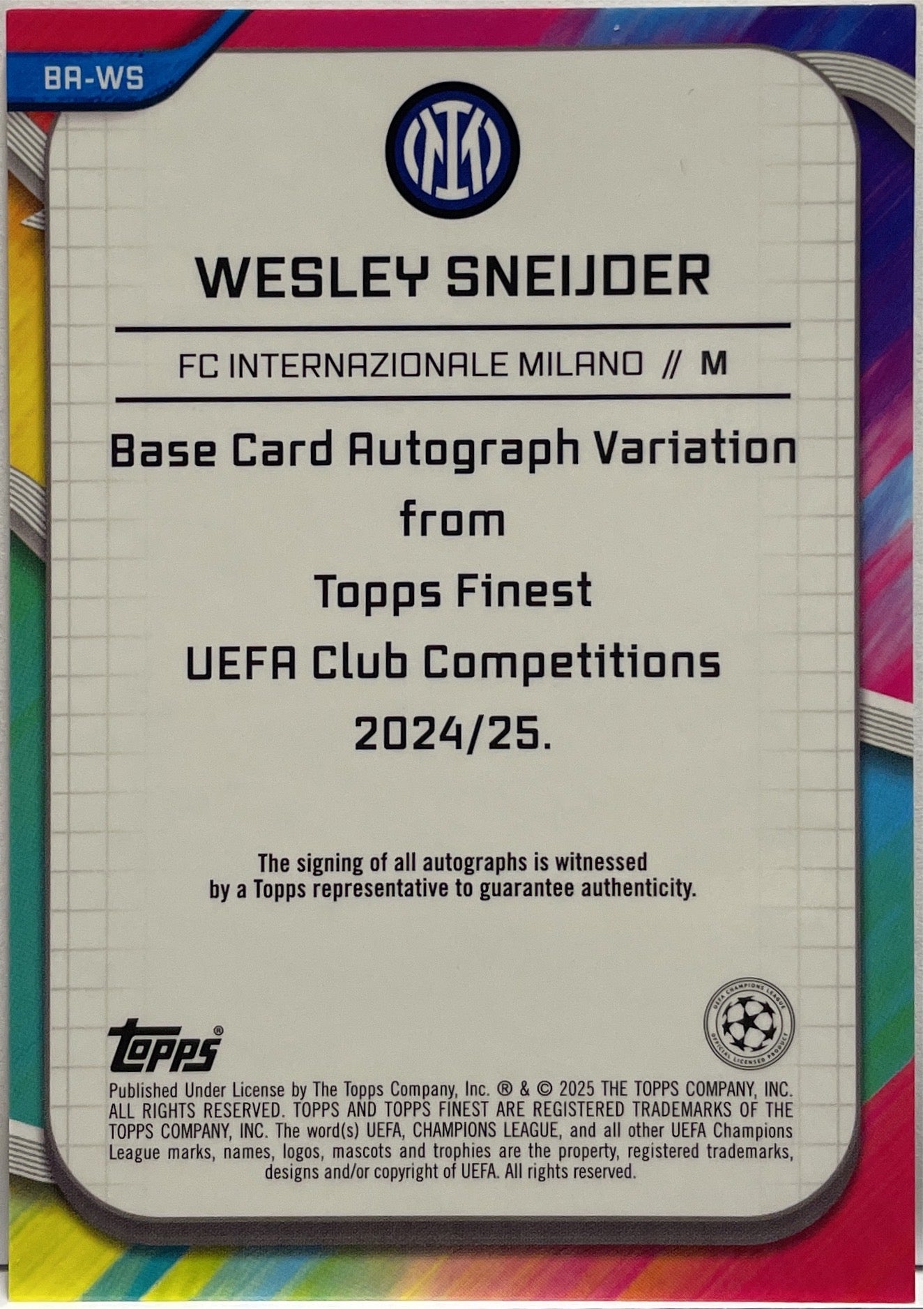Wesley Sneijder 29/125 Autograph Pink Prism Topps Finest UCC 2024/25