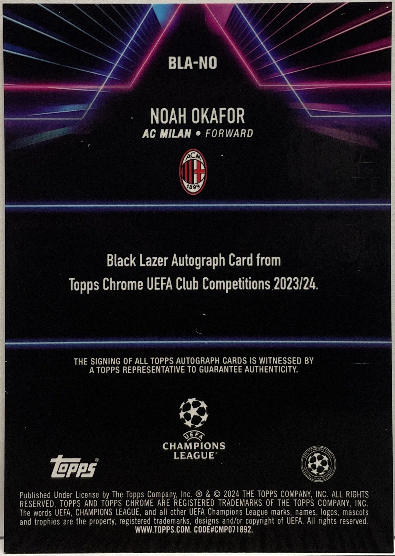 Noah Okafor Autograph Black Lazer Topps Chrome UCC 2023/24