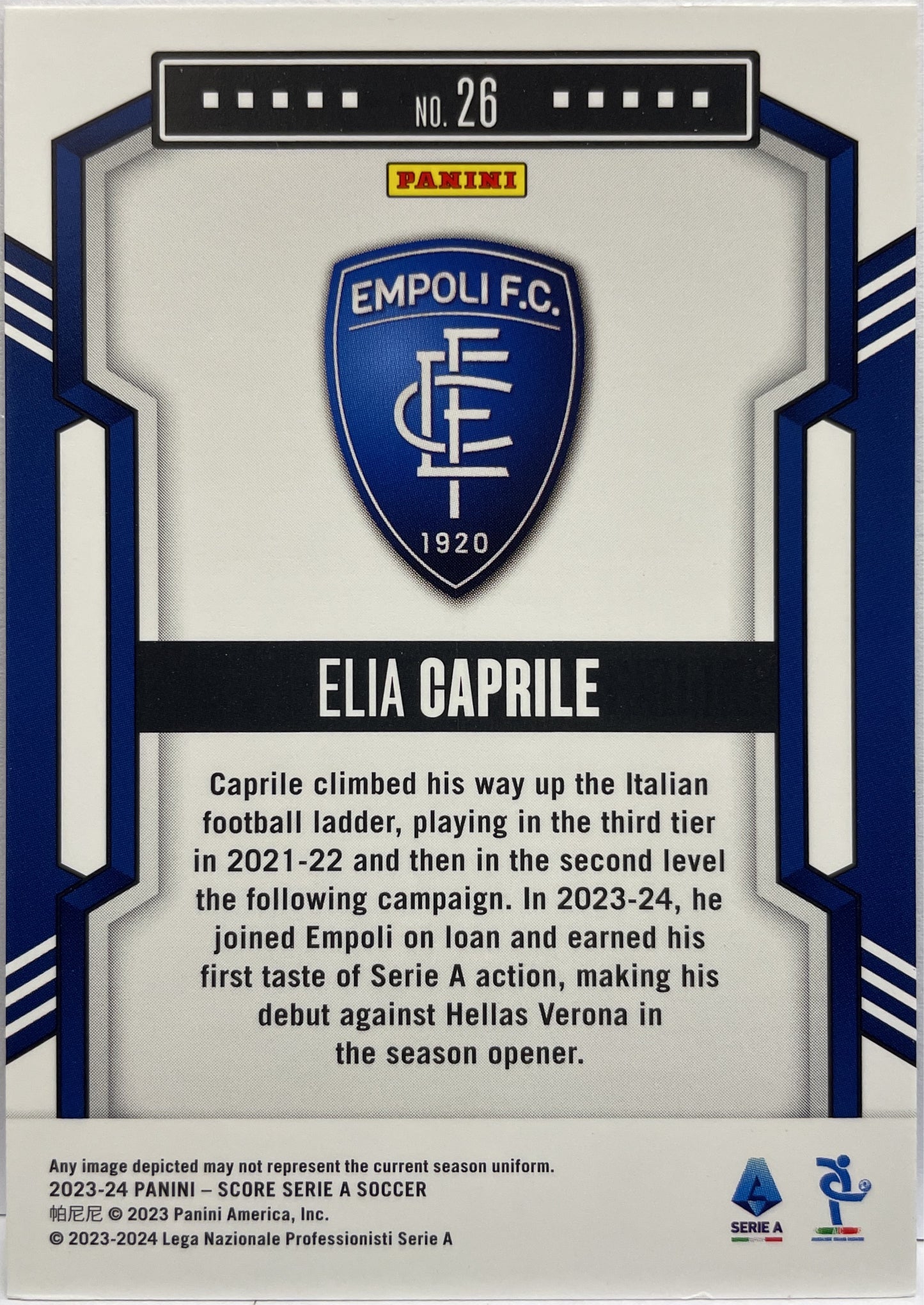 Elia Caprile 19/50 Rookie Blue Laser Score Serie A 2023/24