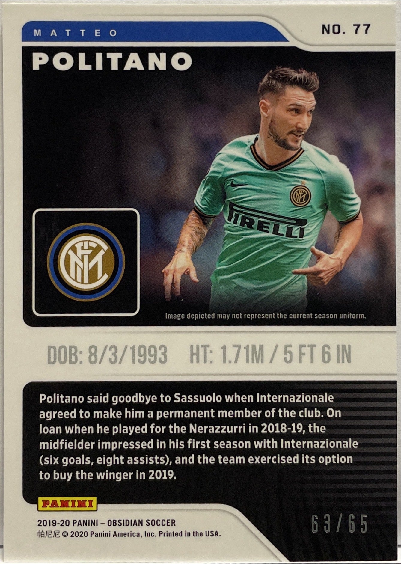 Matteo Politano 63/65 Panini Obsidian 2019/20