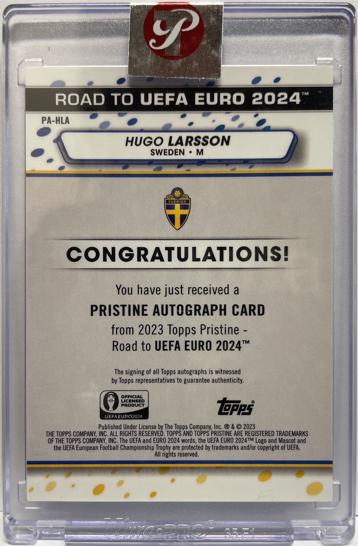 Hugo Larsson Autograph Pristine National Debut Topps Pristine Road To Euro 2024