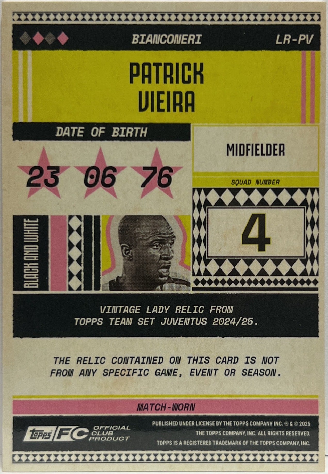 Patrick Vieira 139/250 Patch Vintage Lady Relic Topps Juventus Premium Team Set 2024/25