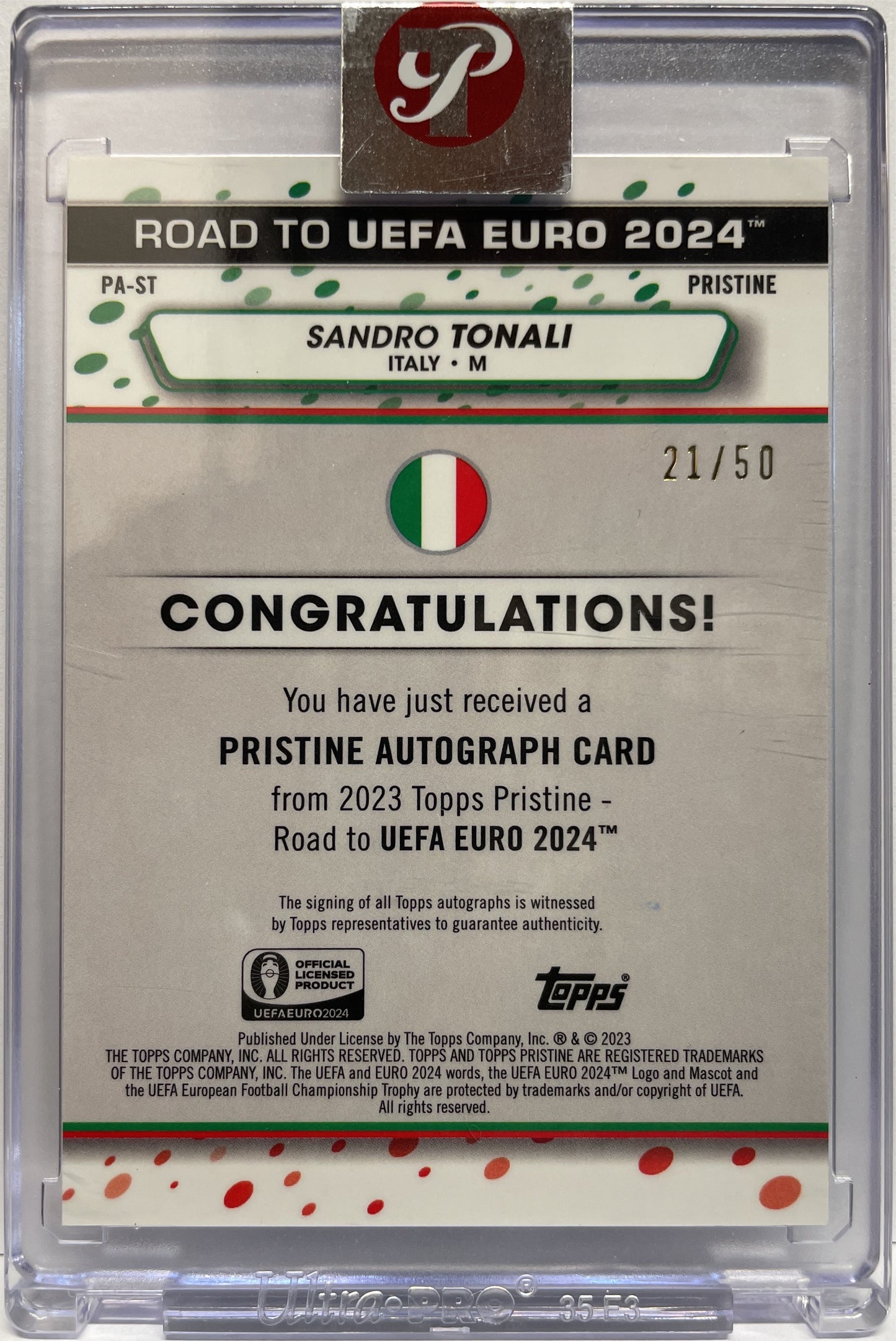 Sandro Tonali 21/50 Autograph Pristine Gold Topps Pristine Road To Euro 2024